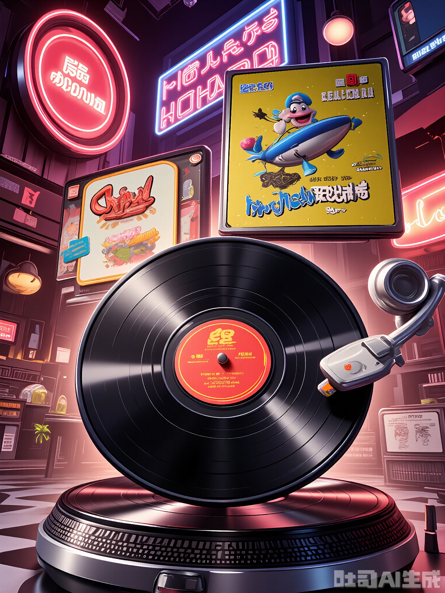 DSSJ, A 3D poster of a stack of vintage vinyl records, each with a different colorful album cover. The records are spinning gently on a turntable, and their grooves catch the light, highlighting their texture. The background is a retro-inspired design with a checkered floor and a neon sign in the background. The atmosphere is nostalgic and lively, perfect for a music-themed event.

