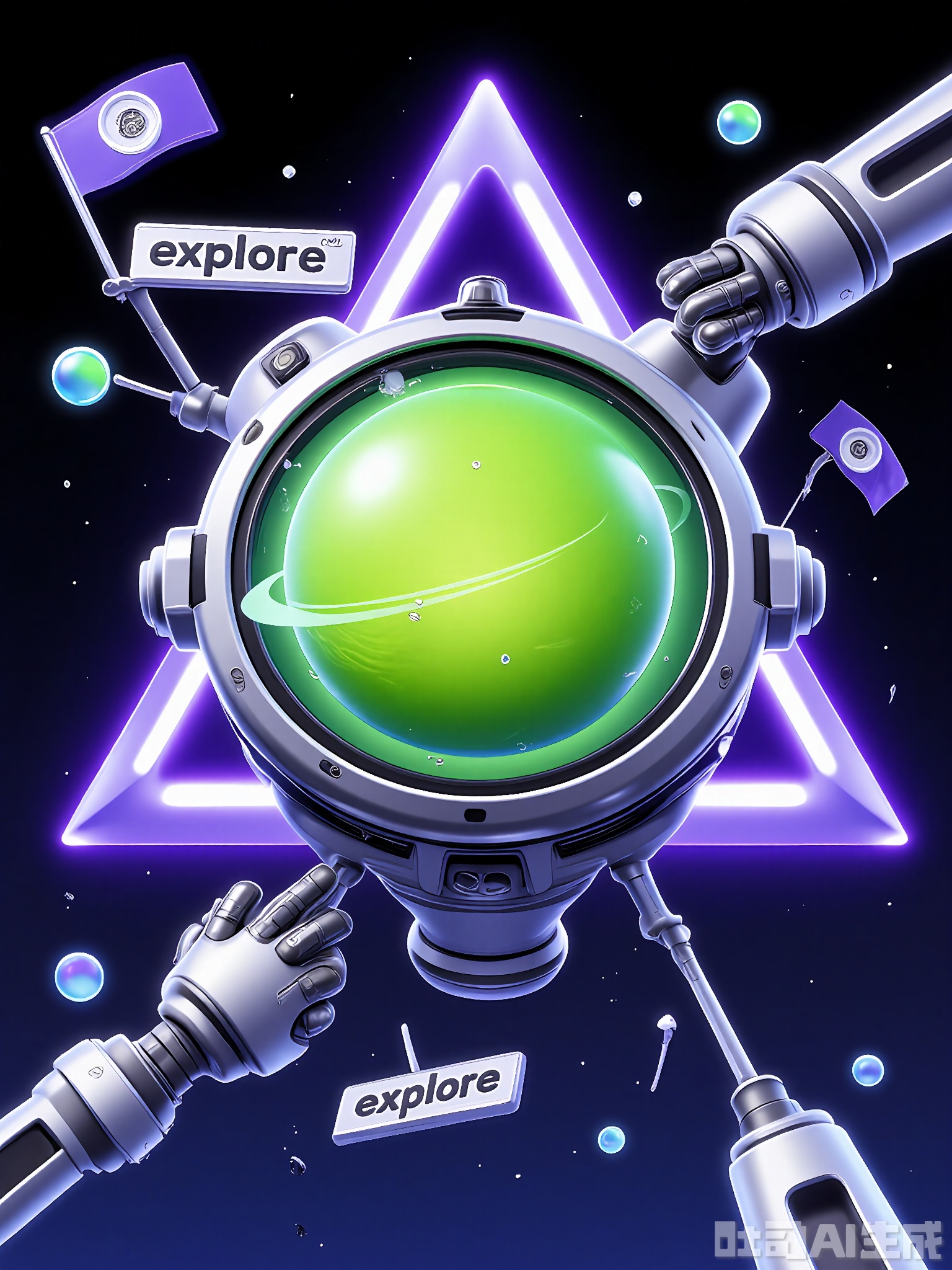 DSSJ, A dynamic, 3D CGI image of a shimmering, silver spaceship with a green, alien planet displayed on its viewscreen. The planet has unique rings around it. The spaceship is surrounded by a purple, triangular frame with the word "explore" inscribed on it. A pair of cartoonish, robotic arms, one holding a small flag, are reaching out towards the spaceship. The background is a gradient of dark blue to black, dotted with distant galaxies. The overall style is adventurous and futuristic.
