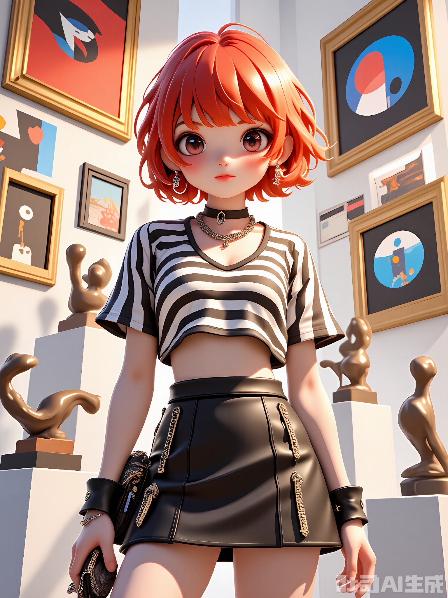 DSSJ, A digital illustration of a young woman with a pixie cut and bright-red hair, wearing a black and white striped crop top and high-waisted black skirt. She is posing in a modern art gallery filled with abstract paintings and sculptures. She has a silver hoop necklace, black leather cuffs, and a small black clutch with a geometric pattern. She is crossing her legs and has a sophisticated, artistic expression. The lighting is bright and even, highlighting the clean lines and bold colors of the artworks.

