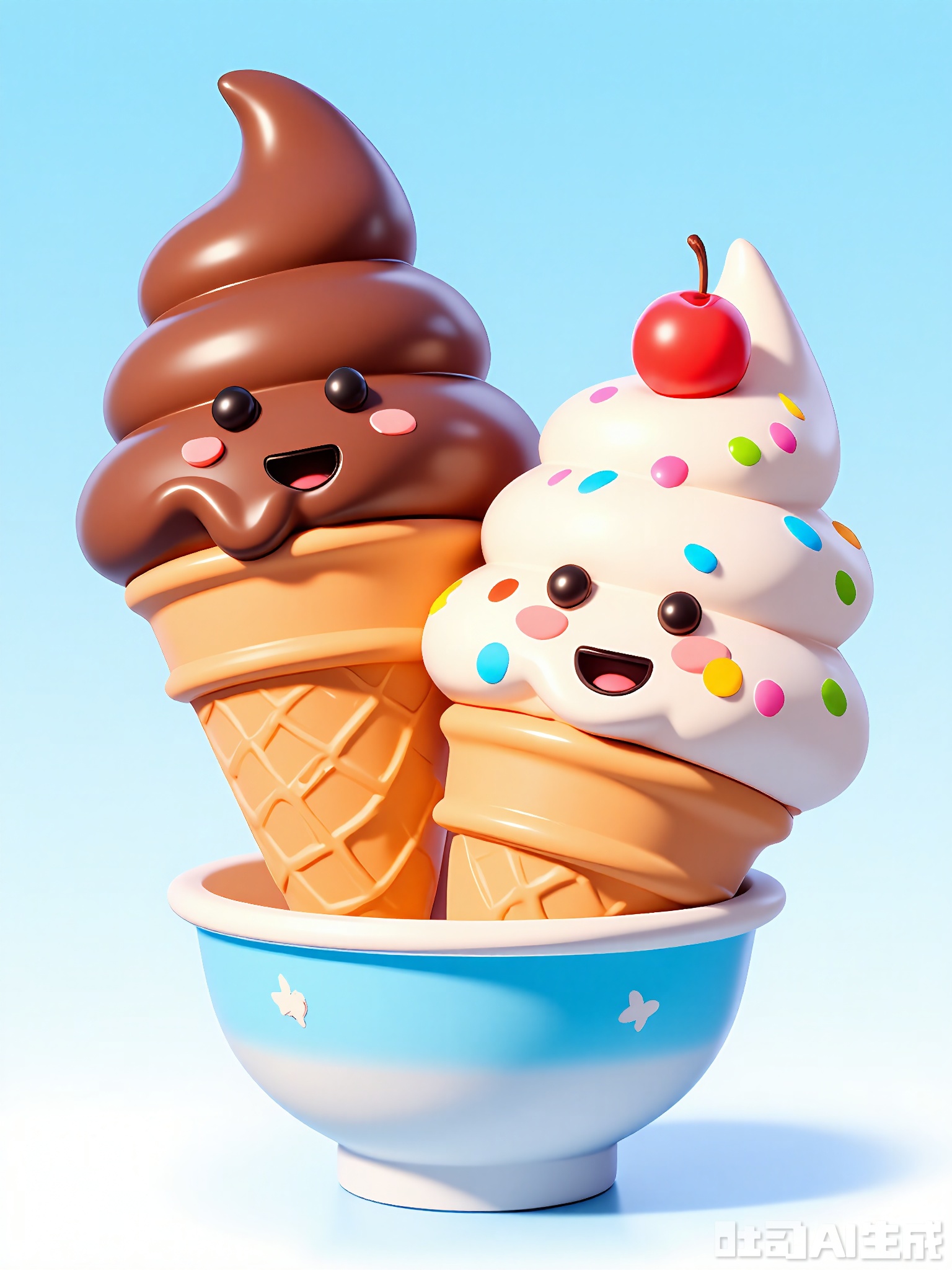 DSSJ, A digital 3D illustration featuring two joyful, smiling ice cream cones in a bowl. The bigger cone has chocolate ice cream with a cherry on top and a big smile, while the smaller one has vanilla ice cream with sprinkles, also smiling. Both have a crispy cone base. The background is a gradient of pastel blue and light pink, like a summer day. The style is sweet and playful, giving off a refreshing and inviting vibe. The ice cream cones have a cute, edible design that makes you crave a treat.
