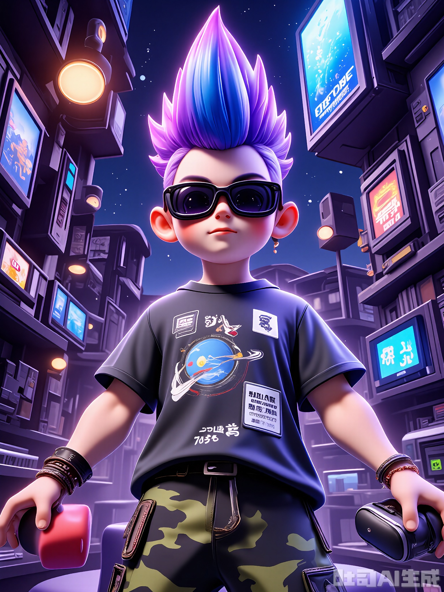 DSSJ, A young man with a mohawk dyed in a gradient of purple and blue, wearing angular, black-rimmed sunglasses, a graphic tee with a space-themed print, and camouflage cargo shorts. He has a leather cuff and is holding a virtual reality headset, sitting on a bean bag in a tech-savvy living room. The background is a wall filled with posters of sci-fi movies and shelves of gadgets. The style is 3D poster, with a techy and futuristic aesthetic.
