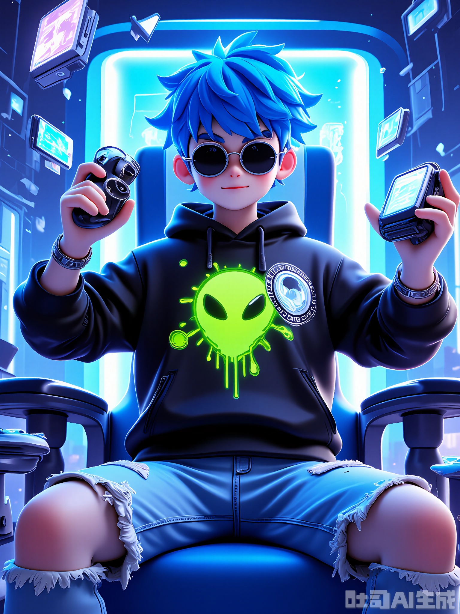 DSSJ, A young man with spiky, electric blue hair, wearing angular, geometric-shaped silver sunglasses, a black graphic hoodie with a neon-green alien design, and ripped light-wash jeans. He has a silver chain bracelet and is holding a holographic controller in one hand, sitting on a futuristic, glowing blue gaming chair. The background is a neon-lit virtual reality gaming room with floating digital elements. The style is 3D poster, with a bold and futuristic aesthetic.