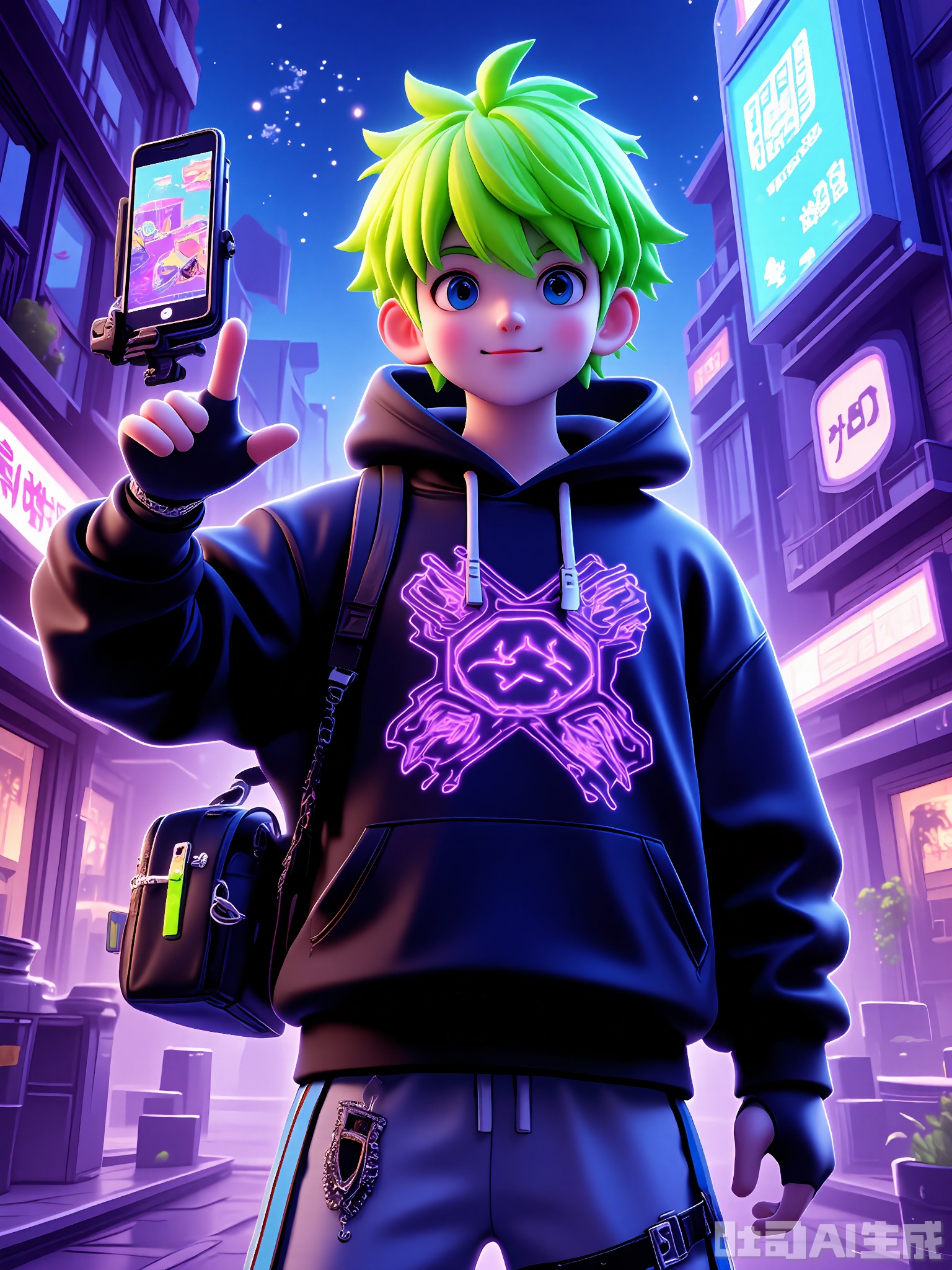 DSSJ, A digital illustration of a young man with short, neon-green hair spiked up, wearing a black hoodie with a glowing purple circuit pattern and gray joggers. He is recording a video in a neon-lit cyberpunk alleyway filled with holographic advertisements and flickering streetlights. He has a silver chain necklace, black fingerless gloves, and a black backpack with neon-blue stripes. He is giving a thumbs-up with his right hand and has a confident, energetic expression. The lighting is a mix of bright neon colors and deep shadows, emphasizing the gritty yet futuristic atmosphere.
