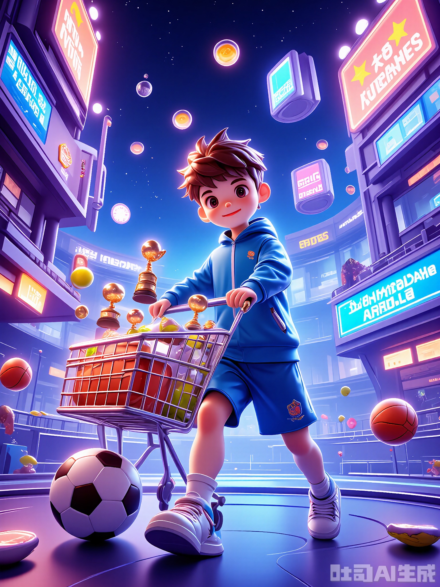 DSSJ, A dynamic and colorful 3D digital illustration. A young athlete in a futuristic tracksuit is pushing a cart filled with sports equipment, like a soccer ball, a basketball, and a tennis racket. The athlete has a determined and energetic look. The background is a high-tech sports stadium with neon scoreboards and signs that say "Champion's Arena" and "Sporty Stars." Floating sports trophies and floating energy orbs add to the competitive and imaginative vibe, similar to an 80s sports-sci-fi cartoon.
