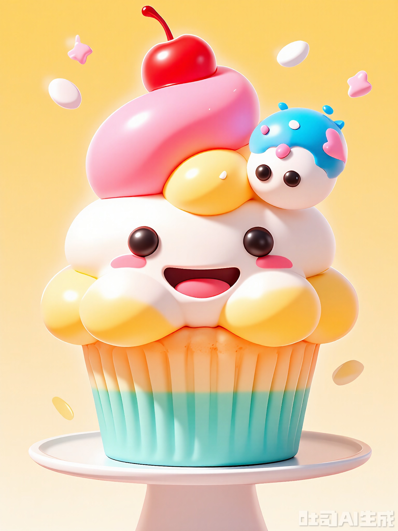DSSJ, A digital 3D poster of two cheerful, smiling cupcakes on a plate. The larger cupcake has pink frosting and a cherry on top, with a big smile, while the smaller one has blue frosting and a sprinkle topping, also smiling. Both have a fluffy cake base. The background is a gradient of soft yellow and light orange, like a sunny kitchen. The style is sweet and playful, giving off a delicious and inviting vibe. The cupcakes have a cute, edible design that makes your mouth water.
