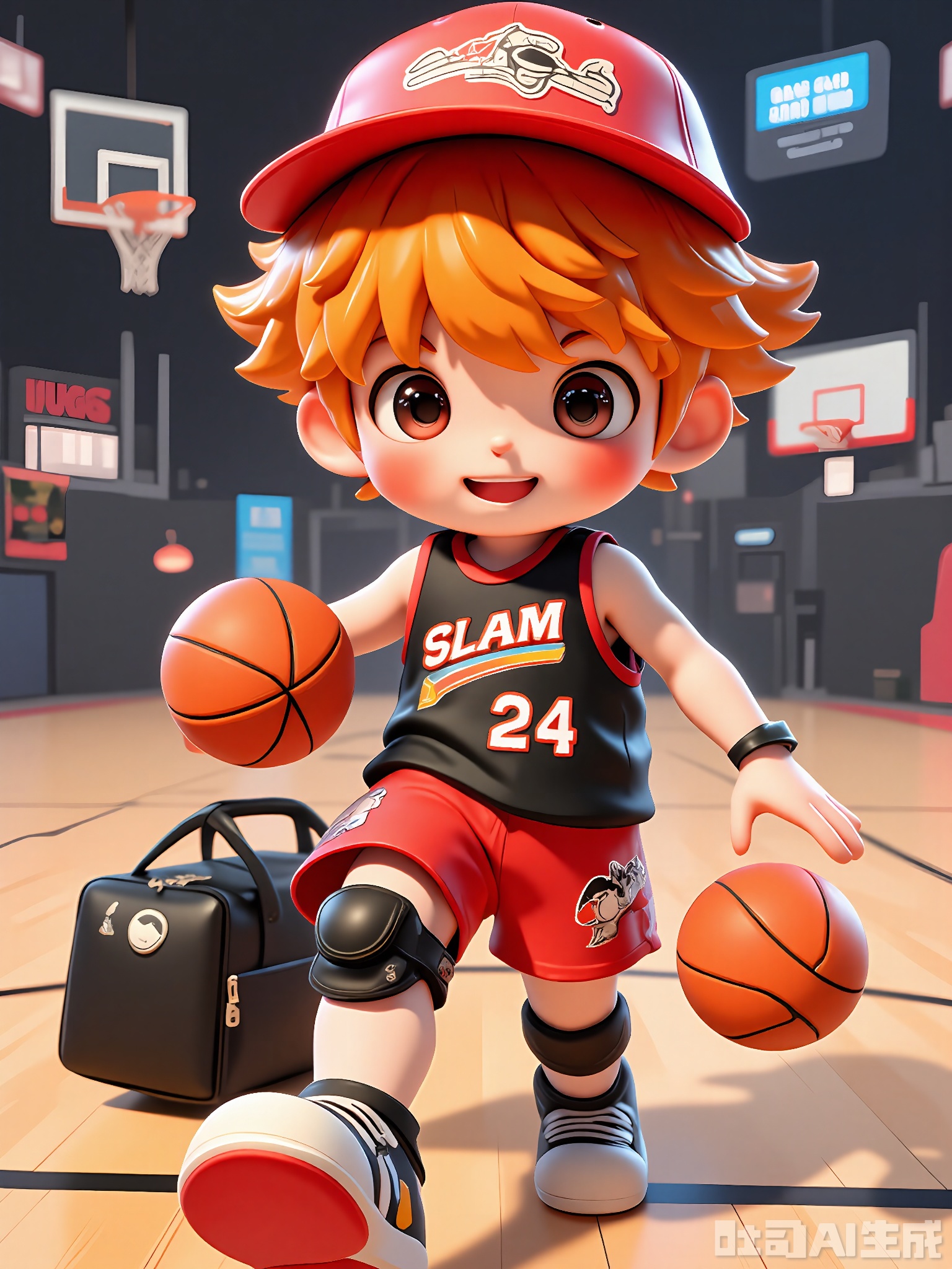 DSSJ, 3D render, anime style, young boy with messy orange hair, wearing a red basketball cap with the word "SLAM" on it, a black basketball jersey with number 24, red basketball shorts, black knee pads, holding a basketball with a goofy face in his right hand and dribbling another one with his left, a large black sports bag on the floor beside him, a basketball court background with wooden floor and hoops, excited expression, big lively eyes, soft shading, digital art, medium shot, basketball-focused casual attire.
