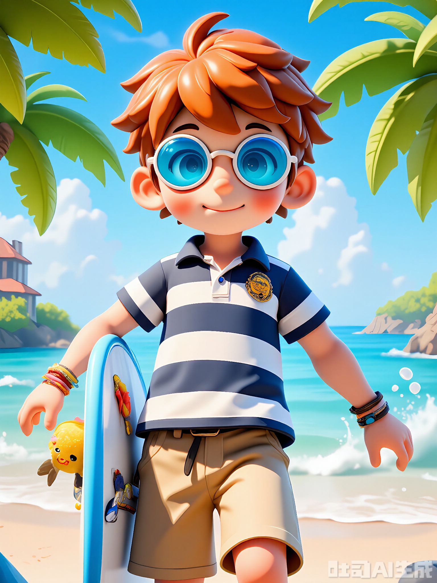 DSSJ, A boy with a messy, auburn mop-top, wearing round, clear-framed sunglasses with a blue tint, a striped navy and white polo shirt, and khaki shorts. He has a friendship bracelet and is carrying a surfboard under one arm, standing on a sandy beach with crashing waves. The background is a clear blue sky and palm trees swaying in the breeze. The style is 3D poster, with a beachy and carefree aesthetic.
