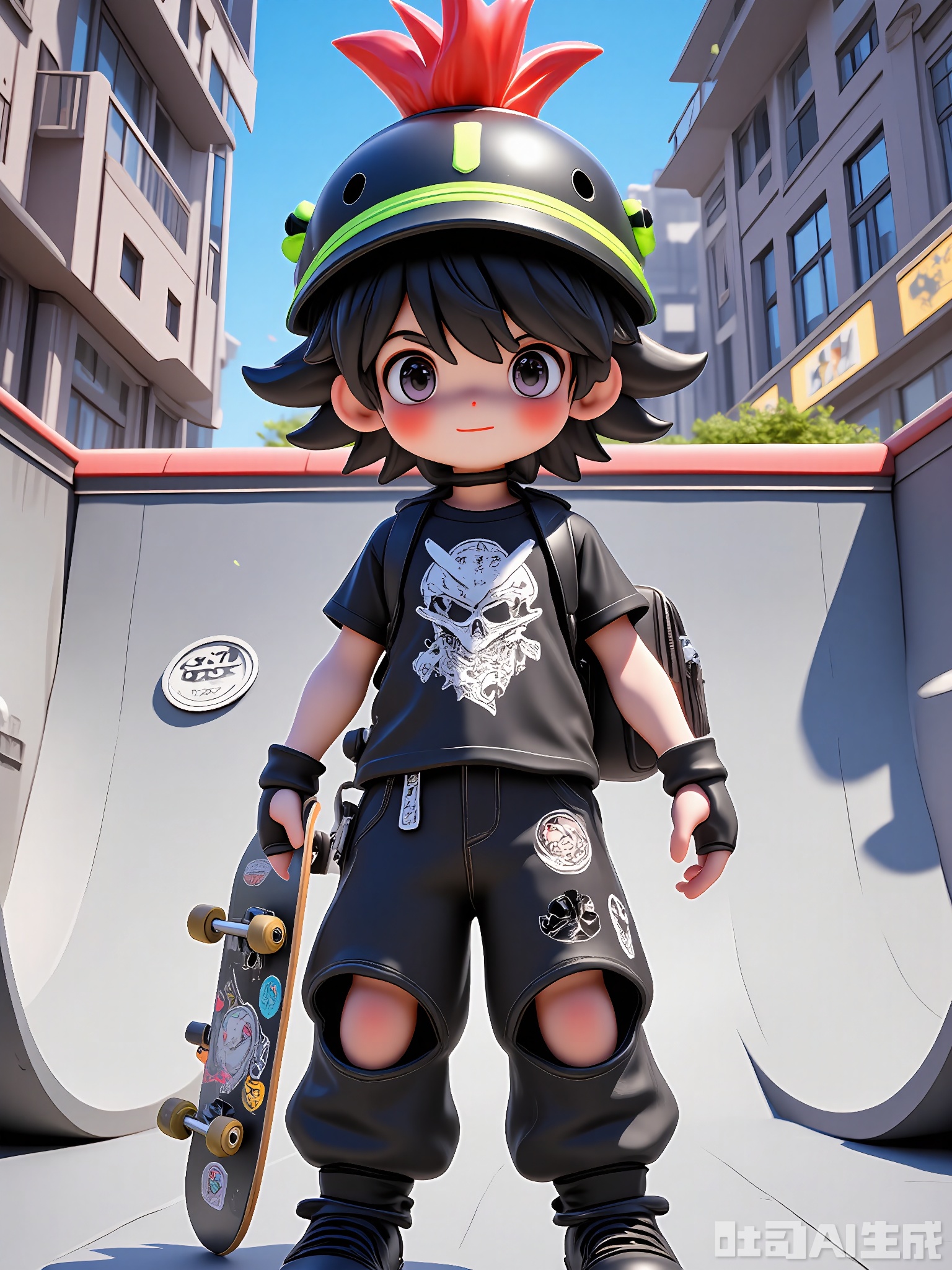 DSSJ, 3D render, anime style, young boy with a buzz cut and a red mohawk on top, wearing a black skateboarding helmet with neon-green stripes, a black graphic T-shirt with a skull design, baggy black jeans with knee holes, black skate shoes, holding a skateboard with a dragon graphic under his left arm, a small black backpack with skateboard stickers on it, a skate park background with ramps and rails, daring expression, big intense eyes, soft shading, digital art, medium shot, skateboarding-inspired casual wear.
