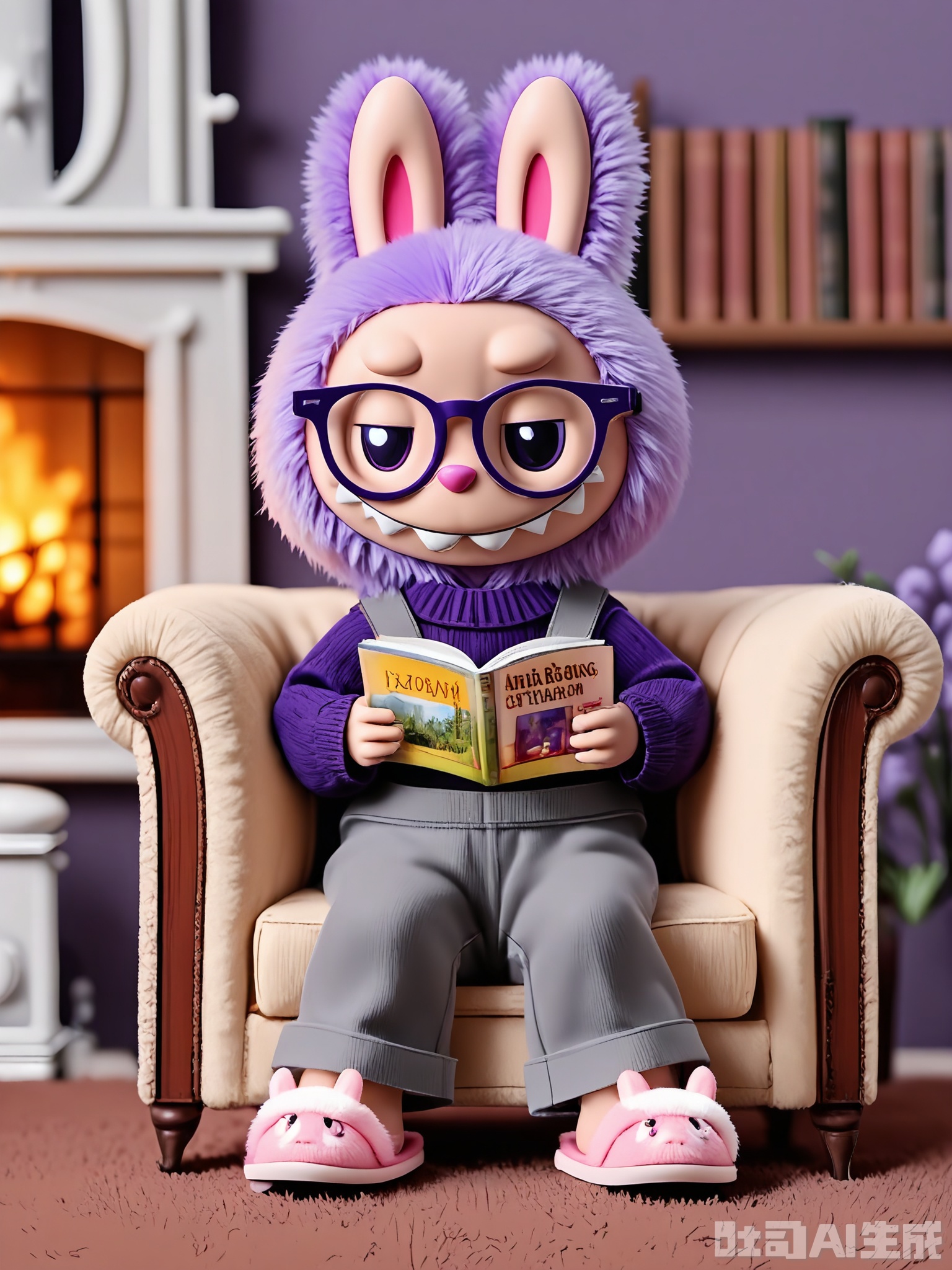 LBB, A 3D CGI image featuring a cute anthropomorphic bunny character with a soft, fluffy lavender fur, wearing round purple glasses and a purple cardigan with the word "Cozy" on it. The bunny is curled up in a cozy armchair with a book in hand, wearing gray pajama pants and fuzzy pink slippers. The background is a warm, inviting living room with a fireplace, soft cushions, and a shelf full of books. The bunny has a content expression with a relaxed smile and half-closed eyes. The overall style is cartoonish and cozy, emphasizing the character's love for reading and relaxation.