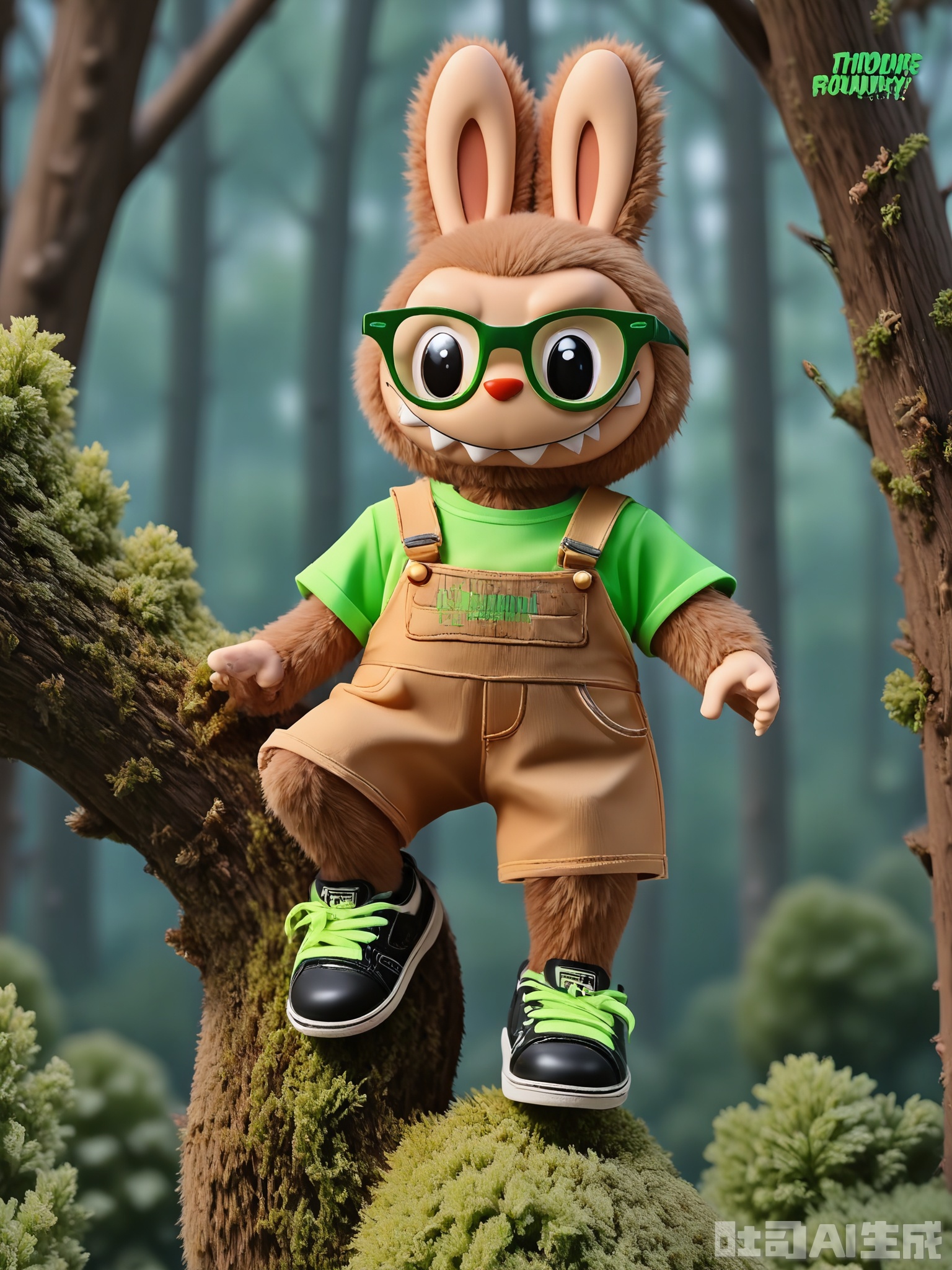 LBB, A 3D CGI image featuring a cute anthropomorphic bunny character with a patchy green and brown fur, wearing square green glasses and a green T-shirt with the name "Leafy" on it. The bunny is climbing a tree, wearing brown shorts and black sneakers with green laces. The background is a dense forest with tall trees, ferns, and a small stream. The bunny has an adventurous expression with a determined look and a wide, grinning mouth. The overall style is cartoonish and forest-themed, highlighting the character's love for climbing and nature.