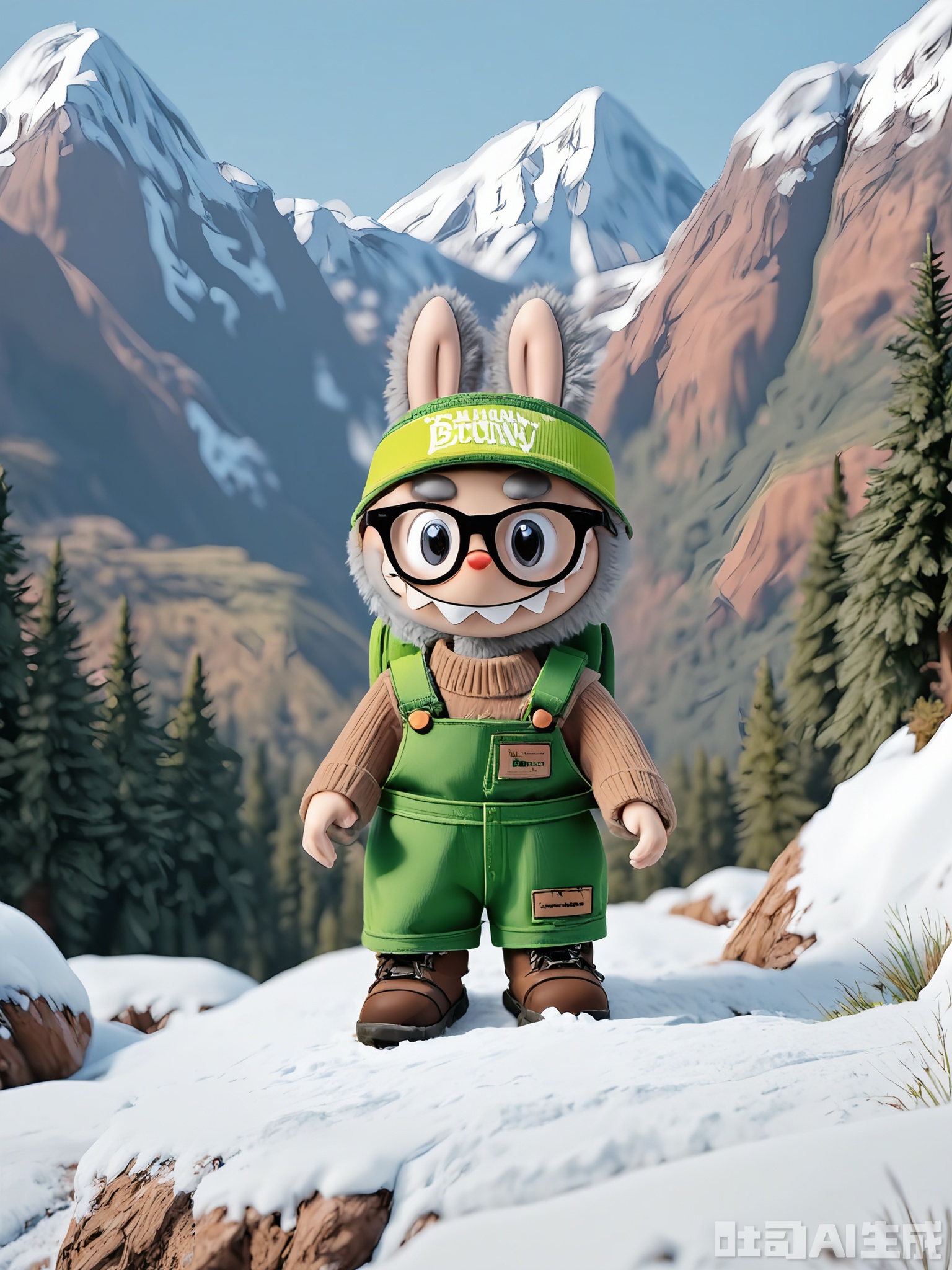 LBB, A 3D CGI image featuring a cute anthropomorphic bunny character with a shaggy brown and gray fur, wearing round brown glasses and a brown sweater with the name "Fuzzy" on it. The bunny is hiking up a mountain trail, wearing green hiking pants and sturdy brown boots. The background is a breathtaking mountain landscape with snow-capped peaks, pine trees, and a clear blue sky. The bunny has an adventurous expression with a determined look and a wide, excited grin. The overall style is cartoonish and adventurous, capturing the character's love for the outdoors and exploration.