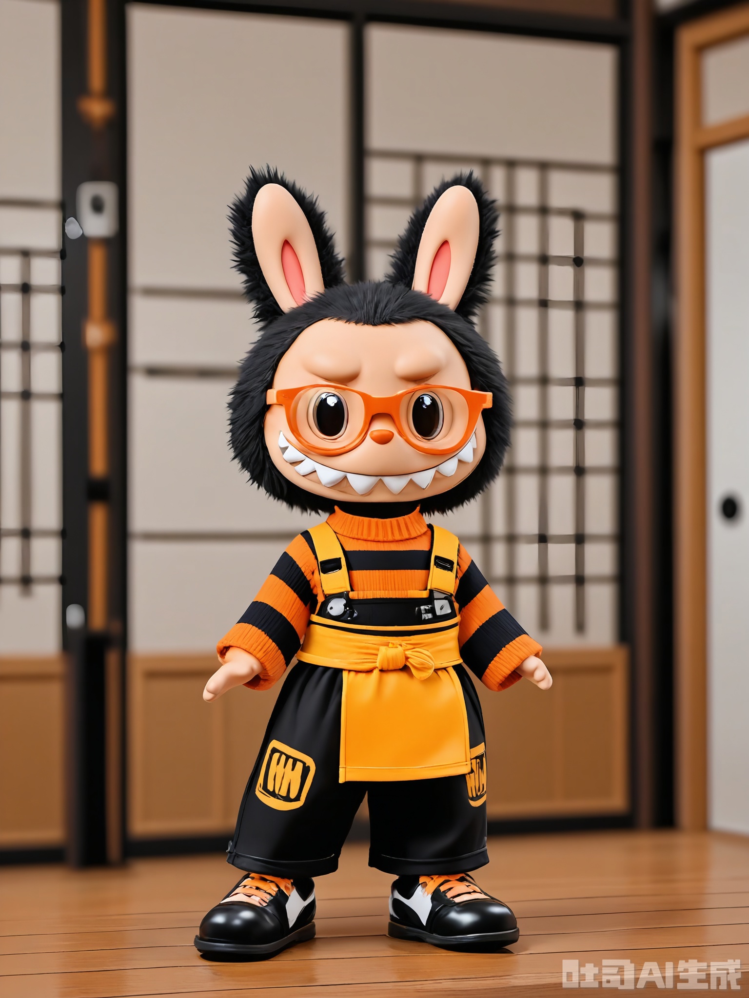 LBB, A 3D CGI image featuring a cute anthropomorphic bunny character with a striped orange and black fur, wearing square orange glasses and an orange and black striped sweater with the name "Tiger" on it. The bunny is practicing martial arts in a dojo, wearing black martial arts pants and black martial arts shoes. The background is a traditional dojo with wooden floors, sliding doors, and martial arts equipment. The bunny has a focused expression with a determined look and a wide, intense grin. The overall style is cartoonish and martial arts-themed, highlighting the character's discipline and strength.