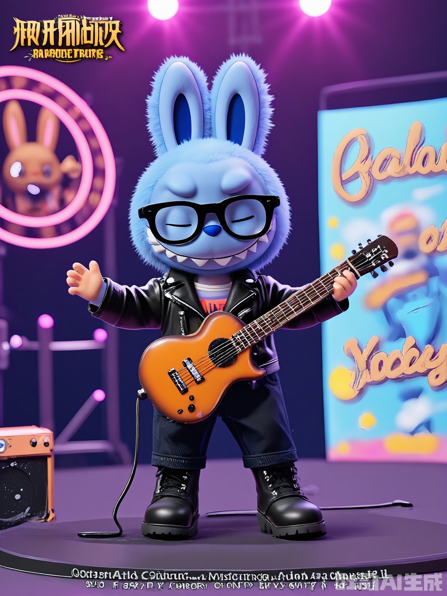 LBB, A 3D CGI image featuring a cute anthropomorphic bunny character with a short, spiky blue fur, wearing angular black glasses and a black leather jacket with the name "Rocky" on it. The bunny is strumming a guitar on a stage, wearing ripped black jeans and black combat boots. The background is a concert venue with a crowd of cheering fans, flashing lights, and a large banner with the bunny's name. The bunny has a passionate expression with closed eyes and a wide, intense grin. The overall style is cartoonish and rocking, showcasing the character's musical talent and rebellious nature.