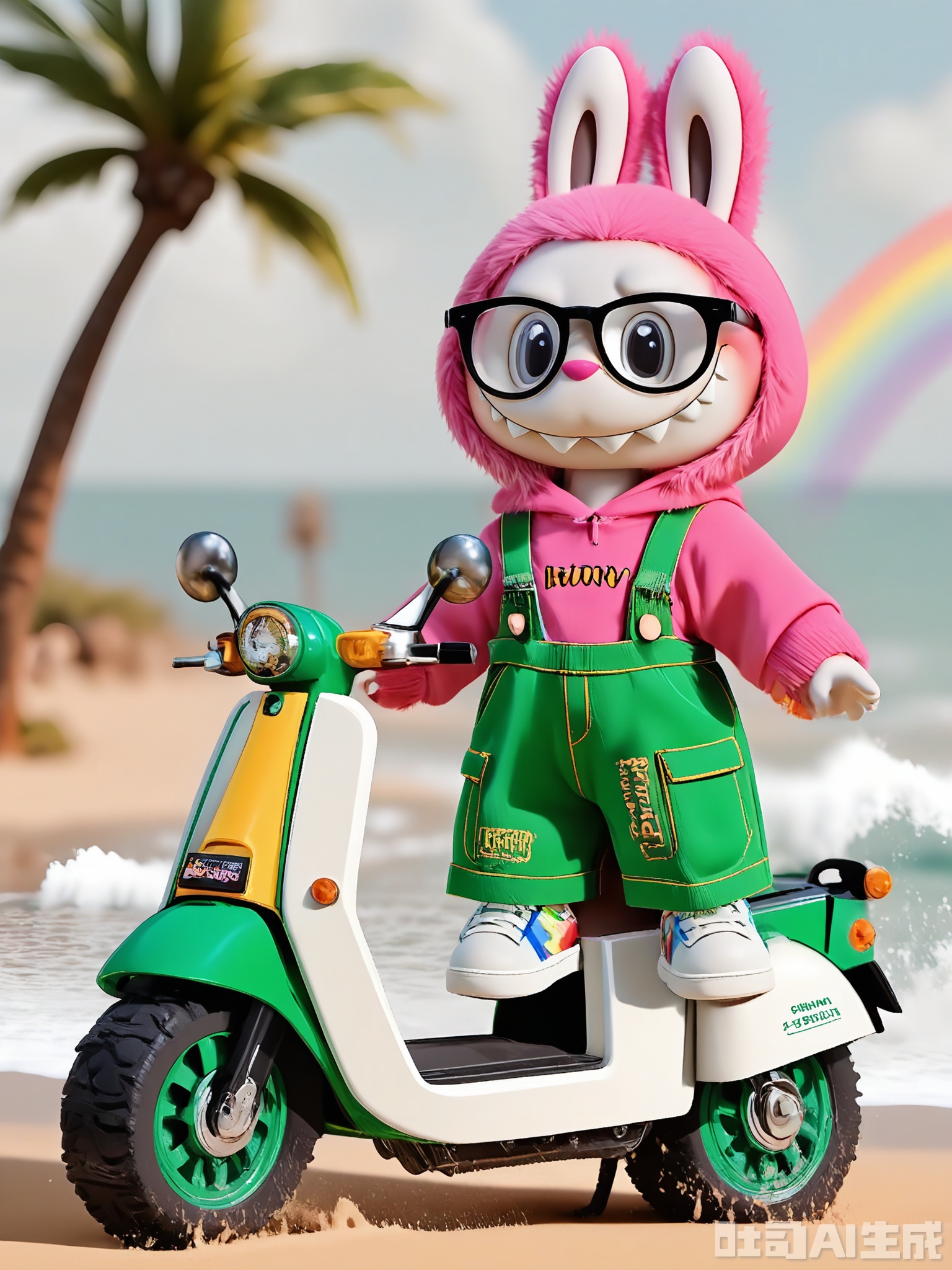 LBB, A 3D CGI image featuring a cute anthropomorphic bunny character with a soft gray and white fur, wearing round pink-rimmed glasses and a pink hoodie with the word "Bouncy" on it. The bunny is sitting on a colorful scooter, donning green cargo shorts and white sneakers with rainbow laces. The background is a sunny beach with golden sand, crashing waves, and palm trees swaying in the breeze. The bunny has a cheerful expression with a big, toothy smile and a tiny pink tongue sticking out. The overall style is cartoonish and lively, highlighting the character's fun and carefree personality.

