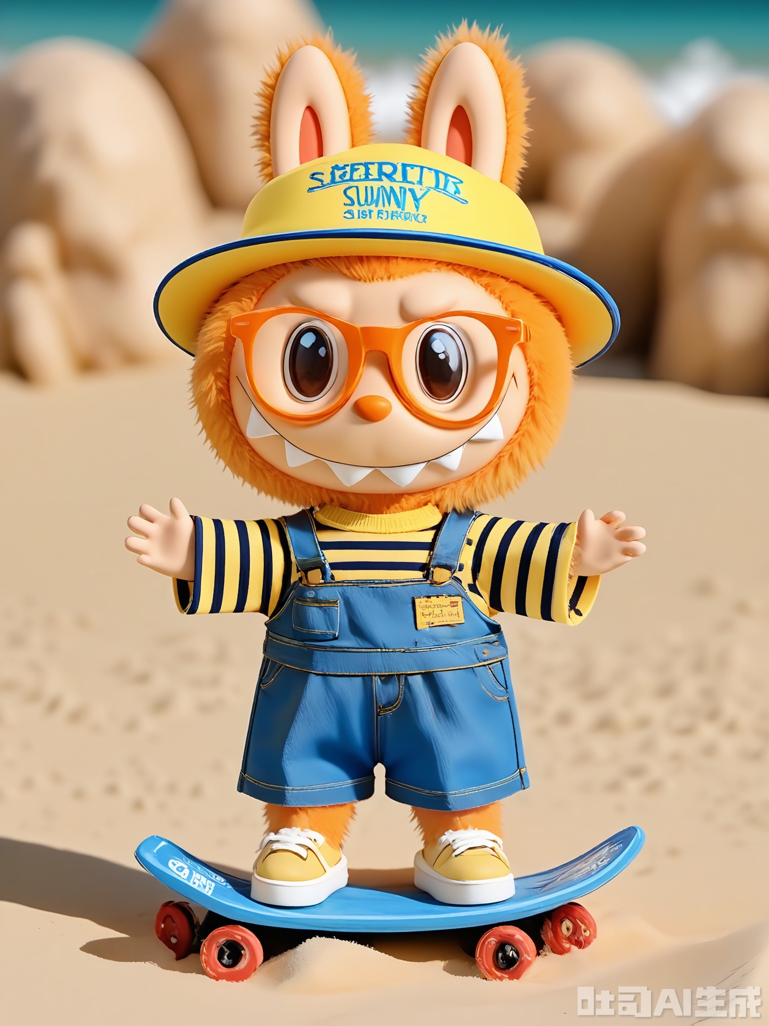 LBB, A 3D CGI image featuring a cute anthropomorphic bunny character with a fluffy yellow and orange fur, wearing square yellow glasses and a yellow and orange striped shirt with the name "Sunny" on it. The bunny is surfing on a wave, wearing blue board shorts and a yellow surfing hat. The background is a sunny beach with clear blue water, white sand, and other surfers. The bunny has an exhilarated expression with a big, wide grin and outstretched arms. The overall style is cartoonish and beach-themed, capturing the character's love for surfing and the ocean.