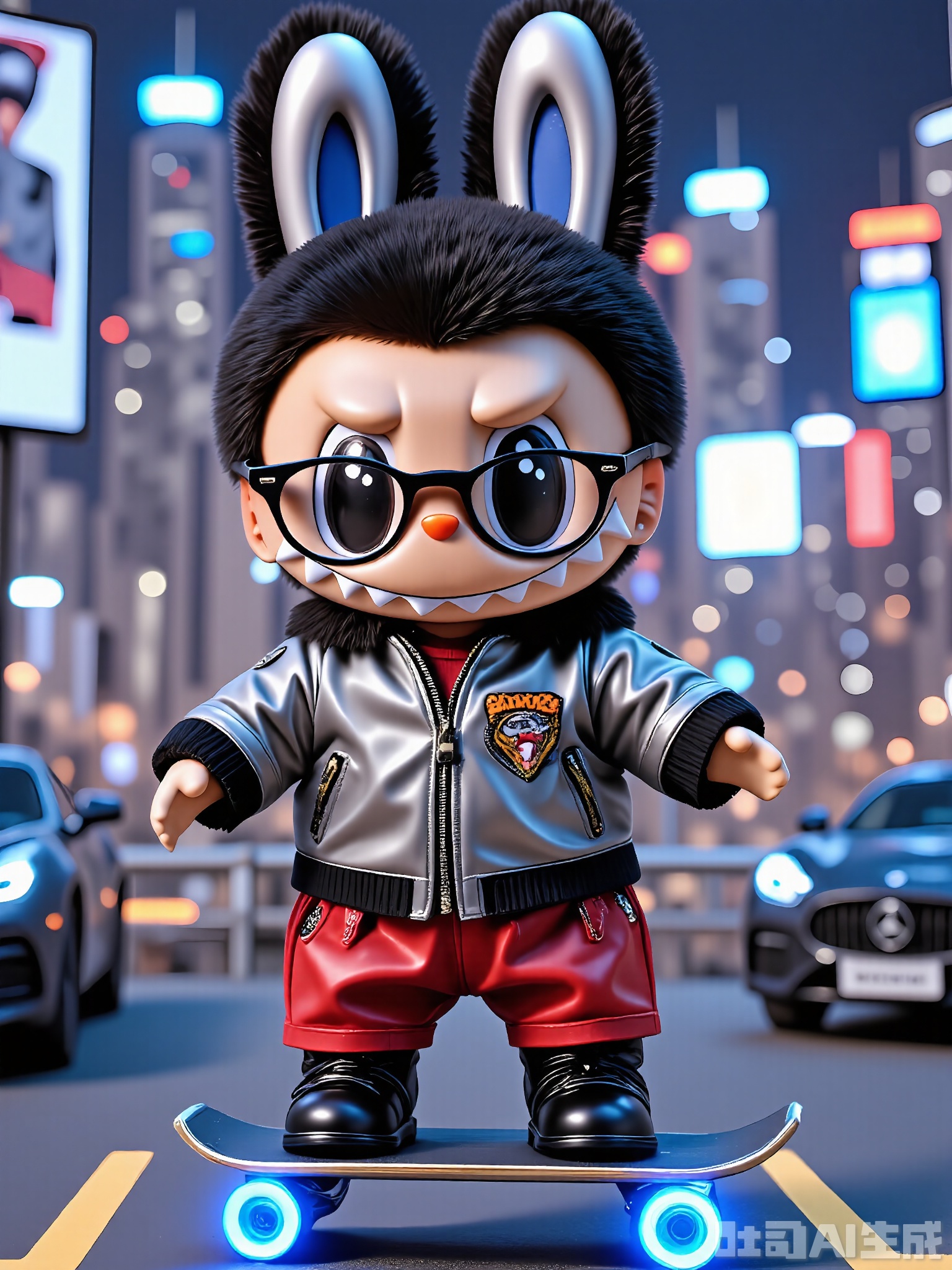 LBB, A 3D CGI image featuring a cute anthropomorphic bunny character with a sleek black and silver fur, wearing sleek silver-rimmed glasses and a silver jacket with the name "Zappy" on it. The bunny is riding a hoverboard, wearing red leather pants and black boots with glowing blue soles. The background is a futuristic city with flying cars, holographic billboards, and towering skyscrapers. The bunny has a mischievous expression with a raised eyebrow and a wide, gleeful grin. The overall style is cartoonish and futuristic, emphasizing the character's adventurous and tech-savvy nature.
