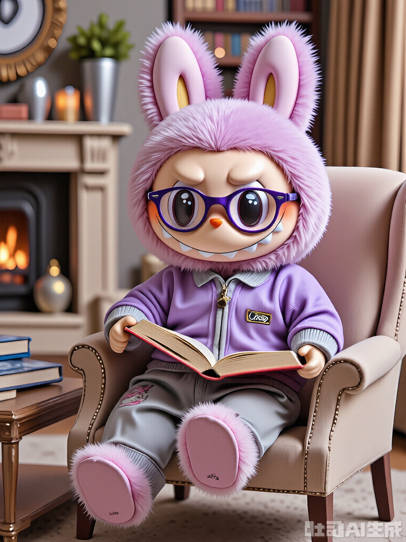 LBB, A 3D CGI image featuring a cute anthropomorphic bunny character with a soft, fluffy lavender fur, wearing round purple glasses and a purple cardigan with the word "Cozy" on it. The bunny is curled up in a cozy armchair with a book in hand, wearing gray pajama pants and fuzzy pink slippers. The background is a warm, inviting living room with a fireplace, soft cushions, and a shelf full of books. The bunny has a content expression with a relaxed smile and half-closed eyes. The overall style is cartoonish and cozy, emphasizing the character's love for reading and relaxation.
