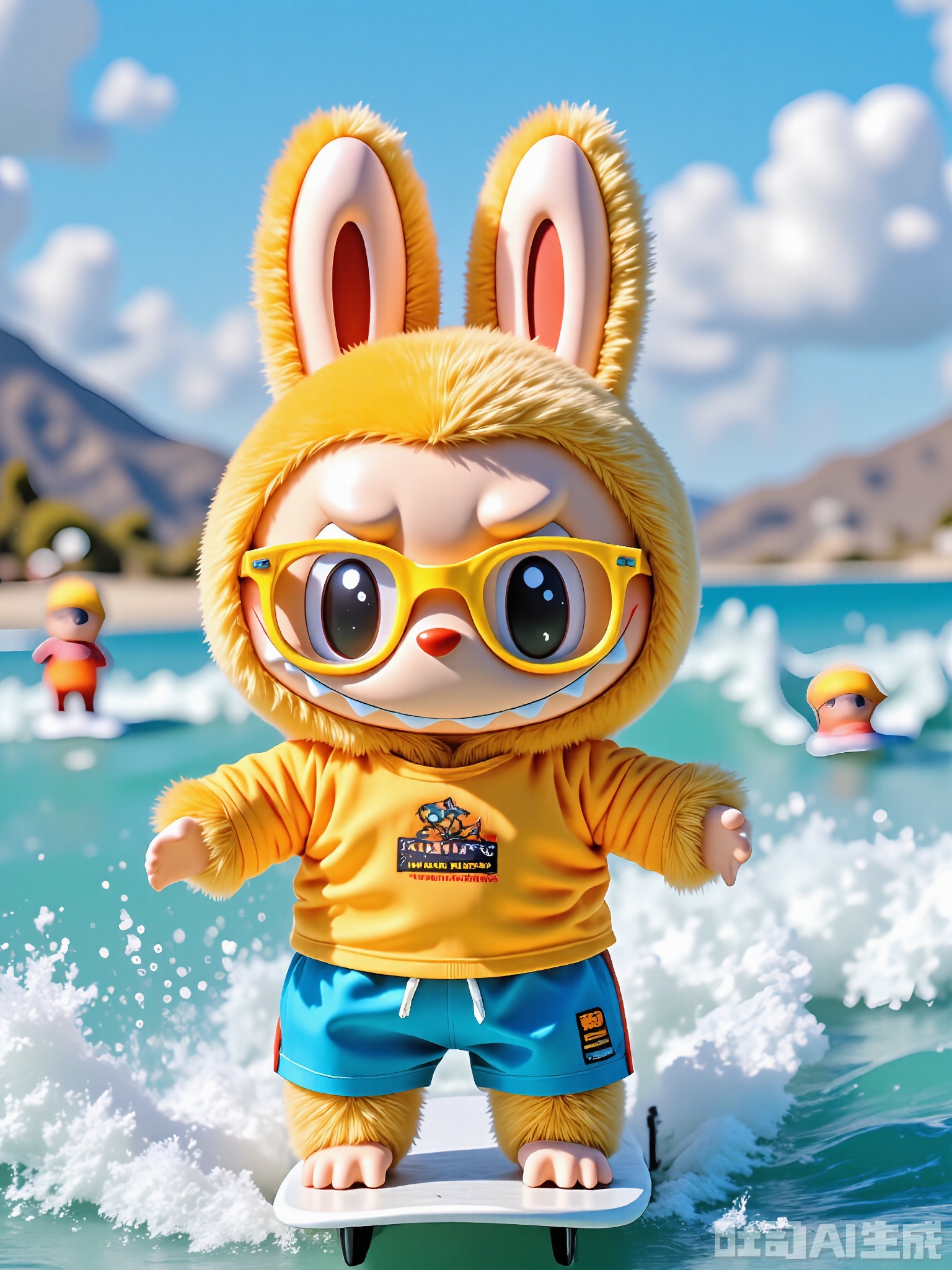 LBB, A 3D CGI image featuring a cute anthropomorphic bunny character with a fluffy yellow and orange fur, wearing square yellow glasses and a yellow and orange striped shirt with the name "Sunny" on it. The bunny is surfing on a wave, wearing blue board shorts and a yellow surfing hat. The background is a sunny beach with clear blue water, white sand, and other surfers. The bunny has an exhilarated expression with a big, wide grin and outstretched arms. The overall style is cartoonish and beach-themed, capturing the character's love for surfing and the ocean.
