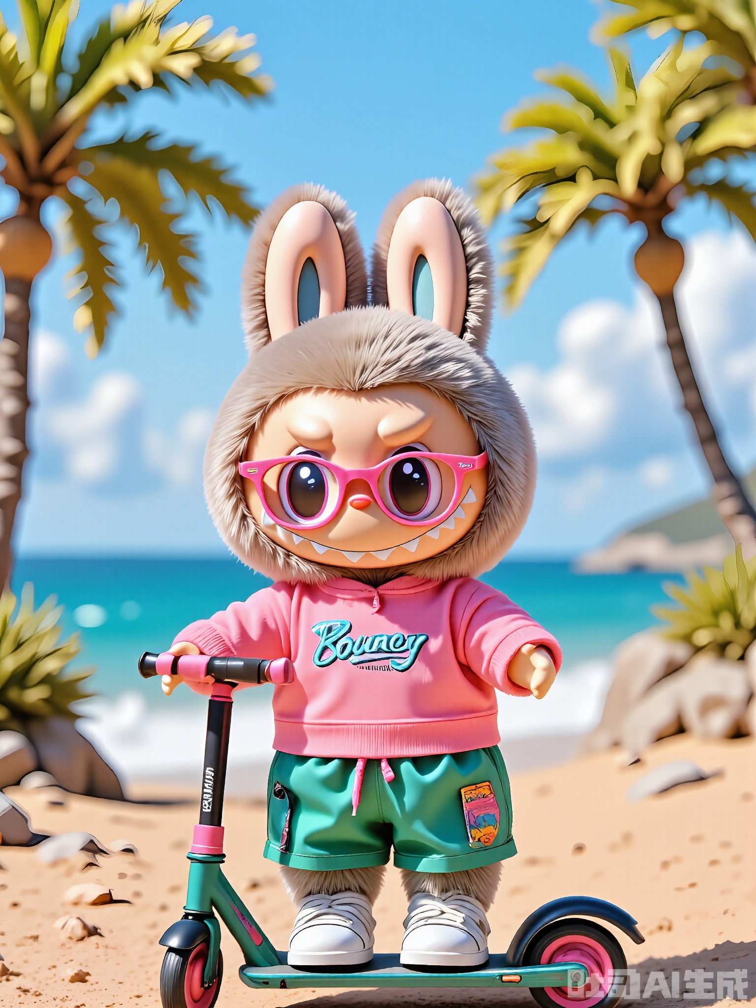 LBB, A 3D CGI image featuring a cute anthropomorphic bunny character with a soft gray and white fur, wearing round pink-rimmed glasses and a pink hoodie with the word "Bouncy" on it. The bunny is sitting on a colorful scooter, donning green cargo shorts and white sneakers with rainbow laces. The background is a sunny beach with golden sand, crashing waves, and palm trees swaying in the breeze. The bunny has a cheerful expression with a big, toothy smile and a tiny pink tongue sticking out. The overall style is cartoonish and lively, highlighting the character's fun and carefree personality.
