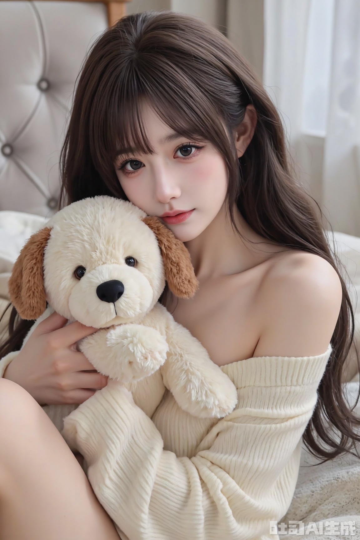 This is a photograph of an East Asian woman with long, straight, black hair that cascades over her shoulders. She has fair skin and a delicate, youthful appearance. Her eyes are large and expressive, with a slight upward tilt, and her lips are naturally pink, slightly parted. She is wearing a soft, cream-colored, ribbed knit top that contrasts with her dark hair and light skin. 

In the image, she is holding a small, plush toy dog in her right hand, which she is gently cradling close to her chest. The toy dog is made of a fuzzy, off-white material with brown patches on its head and body, resembling a puppy. The background of the image is softly blurred, indicating it is taken indoors, possibly in a bedroom. The headboard of a bed is visible behind her, upholstered in a neutral, light gray fabric. The overall lighting is natural, likely from a window, casting a soft, even light over the scene. The image has a warm, intimate atmosphere, with the subject's serene expression and the cozy, comforting presence of the toy dog contributing to a sense of calm and tenderness.
