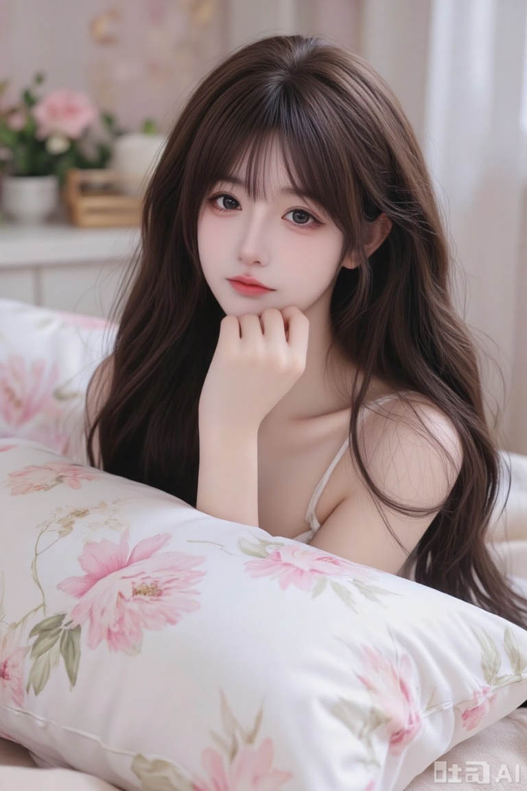 The image depicts a person with long, flowing hair. The pillow has a floral design with soft pastel colors, including pink and white. The person's eyes are visible, looking directly at the camera. The background is blurred, giving a dreamy, ethereal effect. The overall tone of the image is soft and serene, with a focus on the delicate textures of the hair and the pillow.