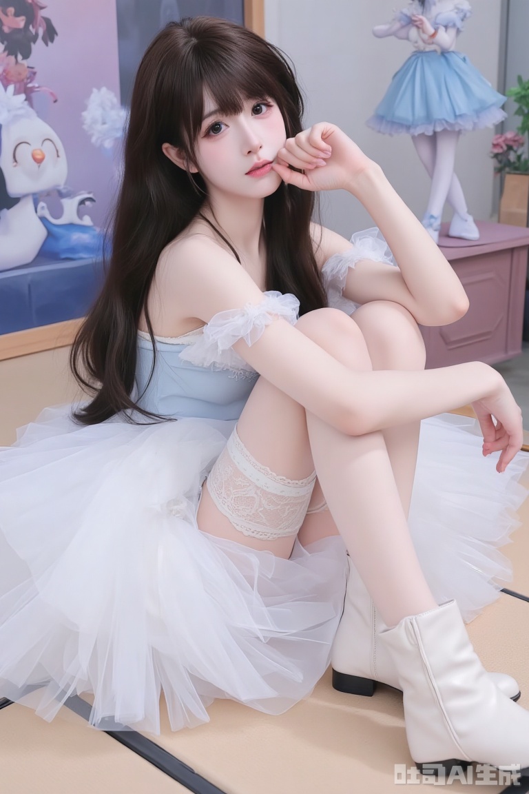 A photo shoot of an oriental beauty, wearing a light blue gradient white sexy princess's puffy skirt and white lace stockings with legs. , wearing high-end cos white mid-boots, posing on-site at the animation exhibition hall, showing her playful and cuteness. Masterpiece. 24K ultra-clear image quality. Full body shot.