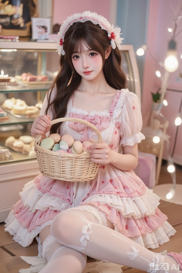 1girl, solo, sweet lolita, strawberry print chiffon dress with layered ruffles and pearl buttons, her long hair is styled with strawberry hair clips, white stockings with lace trim, pink platform loafers, holding a vintage wicker basket filled with macarons, playful wink, pastel-colored bakery background, glass display case with desserts, string lights, soft bokeh effect, 8k, highly detailed.