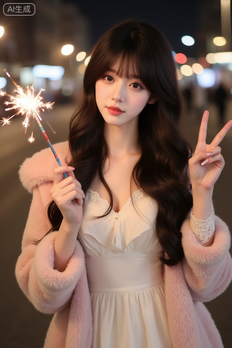 A young woman with long, wavy dark brown hair. She is wearing a light pink, fluffy fur coat over a white dress with lace - trimmed sleeves and a layered, ruffled skirt. She holds a lit sparkler with a red and blue handle in one hand and makes a "V" sign with the other hand, which has精致(exquisitely) manicured nails. The background is a nighttime street scene with dim lighting, distant buildings, and faint vehicle lights, creating a warm and festive atmosphere. The image is a realistic - style medium shot.
