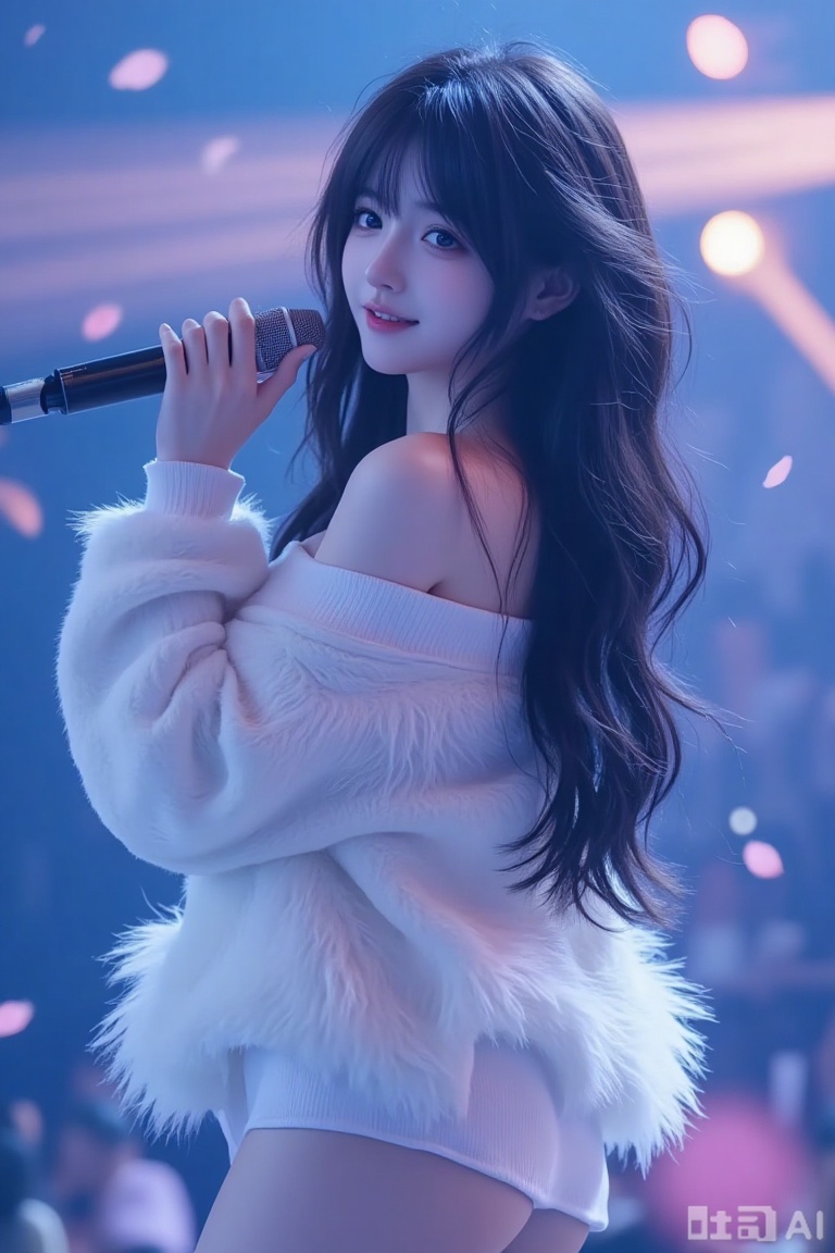 masterpiece,best quality, masterpiece,best quality,high quality,loli,chromatic_aberration,Light Blue Theme,loli,
fluffy hair,long floating hair,(super long hair),long hair,blue eyes,looking at the audience,smiling,make-up face prints,long black hair,thighs,outdoors,full body ((masterpiece)),(((best quality))),((ultra-detailed)),((illustration)),A lot of waving glow sticks,Stage,Concert,(solo),1 girl,((singing)),headset,(leaning_forward:1.2),(arms_behind_back),((extremely_detailed_eyes_and_face)),colorful,Tokyo Dome,ray tracing,(disheveled hair),cherry_blossoms,petals,Flying notes,4k,8k,fine detail,Ultra high resolution,best quality,HD,intricate detail,large file size,amazing,