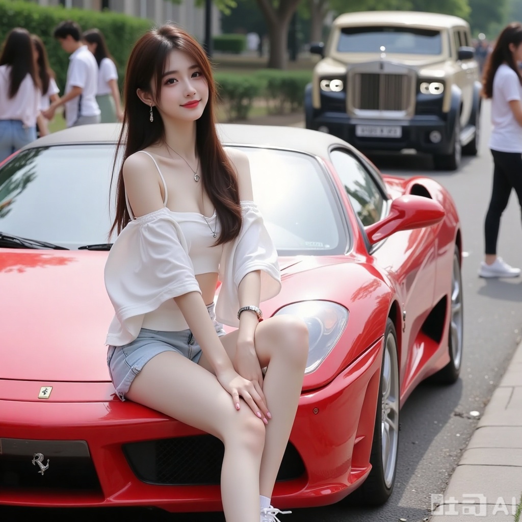  A young woman is sitting on a Ferrari sports car on the roadside. She was wearing off the shoulder and crop tops, super shorts,light colored pan, and white sneakers. Necklace, watch, earrings, jade bracelet, ankle chain, her skin is fair and delicate, with a white luster. Her waist circumference is very thin, and her long hair is brown, outlining her face. Beautiful hair, tied in a ponytail, and rose colored lips. Pink nails, full body, facing the audience, low angle shooting. Background: University town, students passing by, a Rolls Royce Phantom parked on the roadside, a real photo, a drop of water, a girl, of the best quality, a masterpiece, a beautiful woman