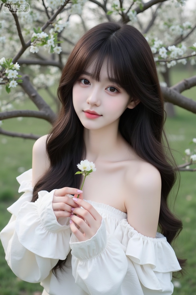 The image shows a young woman with long, wavy, dark hair, wearing a white off-shoulder top with ruffled details. She is standing outdoors, with a tree in the background that has small white flowers. The woman is holding a small white flower close to her face, and her expression is gentle and serene. The lighting is soft and natural, suggesting it might be taken during the daytime. The overall atmosphere is peaceful and natural.