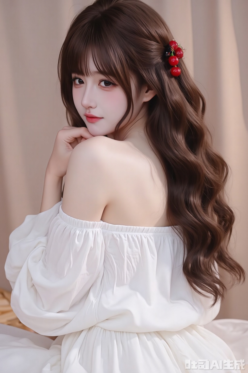 a young woman with long, wavy brown hair. She is wearing a white off-shoulder dress with ruffled sleeves,Low-cut showing her cleavage,while her large breasts fill the crisp white fabric. Her hair is styled with a red cherry hair accessory on one side.