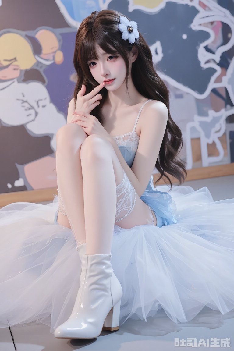 A photo shoot of an oriental beauty with long hair, wearing a light blue gradient white sexy princess's puffy skirt and white lace stockings with legs. , wearing high-end cos white mid-boots, posing on-site at the animation exhibition hall, showing her playful and cuteness. Masterpiece. 24K ultra-clear image quality. Full body shot.,dressed shadow