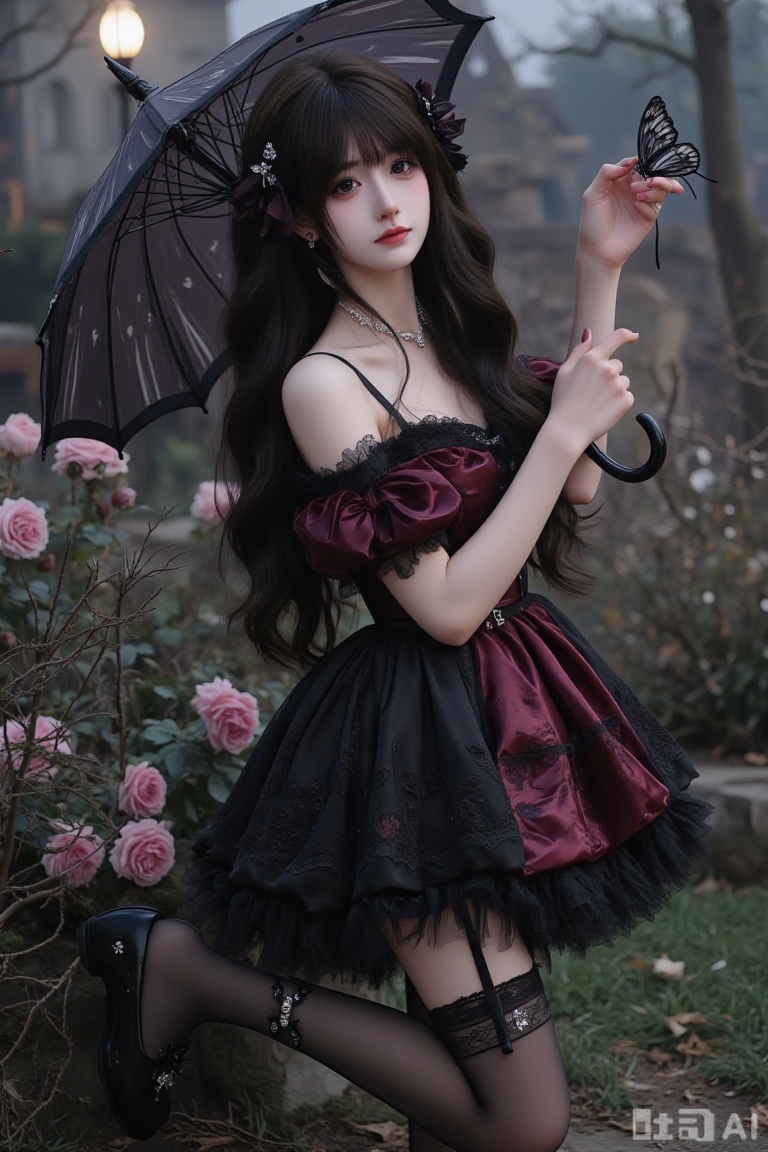 1girl, solo, gothic lolita,black stockings, long curled black hair with dark crimson bows, hair ornament (black crystal butterfly clip with silver accents), black and deep purple frilly dress with ornate lace trim and subtle gothic floral patterns, lace-up thighhighs with ribbon details, black mary janes with cross buckles, standing elegantly on one leg, holding a vintage-style black lace parasol, reaching out towards a mysterious dark-winged butterfly, subtle melancholic smile, gothic garden background with withered roses and thorny vines, moonlight filtering through barren trees, dramatic lighting, 8k, highly detailed, gothic architecture elements in background, faint mist effect, silver jewelry with dark gemstones.