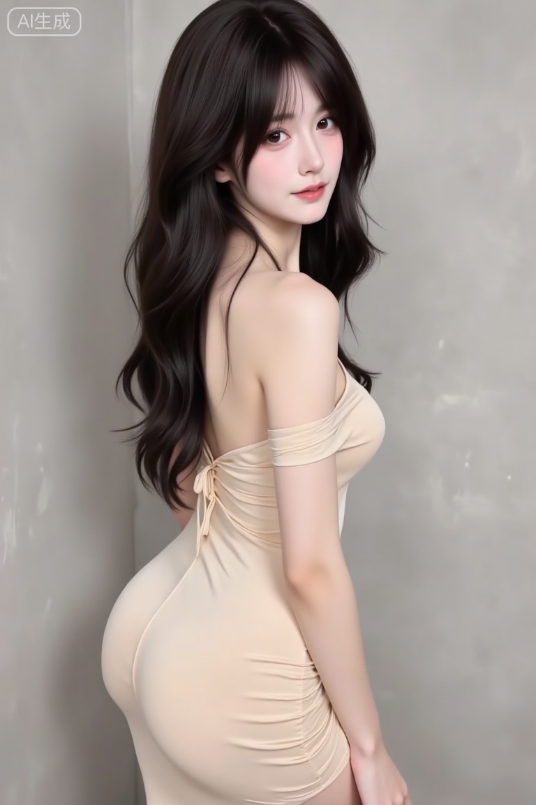 The woman has long black and shiny hair, wearing beige slim dress with off-shoulder shoulders, the material is soft and smooth, fitting her body, outlining her slender waist. Her body was slightly tilted in a graceful S-shaped shape, huge breasts, very upturned buttocks. The background was a simple light gray wall, showing her elegance and sexyness.