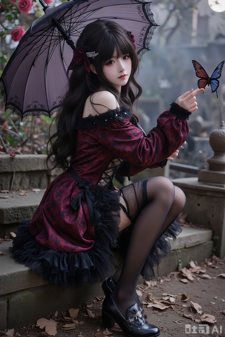 1girl, solo, gothic lolita,black stockings, long curled black hair with dark crimson bows, hair ornament (black crystal butterfly clip with silver accents), black and deep purple frilly dress with ornate lace trim and subtle gothic floral patterns, lace-up thighhighs with ribbon details, black mary janes with cross buckles, standing elegantly on one leg, holding a vintage-style black lace parasol, reaching out towards a mysterious dark-winged butterfly, subtle melancholic smile, gothic garden background with withered roses and thorny vines, moonlight filtering through barren trees, dramatic lighting, 8k, highly detailed, gothic architecture elements in background, faint mist effect, silver jewelry with dark gemstones.