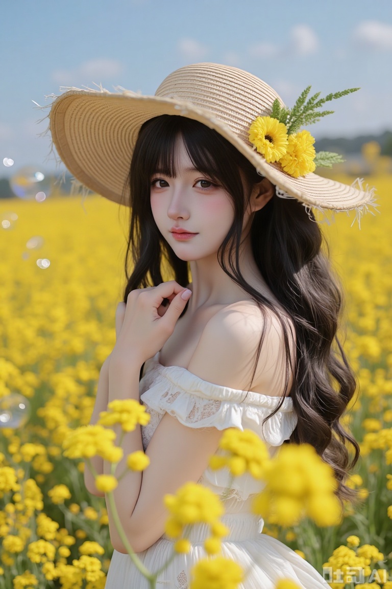 A photograph of a young woman with long,wavy black hair,wearing a straw hat adorned with yellow flowers,and a white lace dress. She stands amidst a vibrant field of yellow flowers under a clear blue sky. Her pale skin contrasts with the bright surroundings,creating a dreamy,ethereal atmosphere.,qxsn,surrounded by bubbles