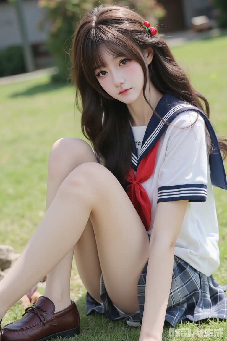 side-view, full-body portrait of a young beauty. She possesses flowing long hair secured with a delicate hair clip. She wears a classic school uniform: a collared white shirt with short sleeves, featuring a red bowtie at the neckline. Her large breasts fill the crisp white fabric. The ensemble includes a blue plaid skirt,and dark brown loafers.Her hair is styled with a red cherry hair accessory on one side.she is sitting on the lawn while her legs stretching