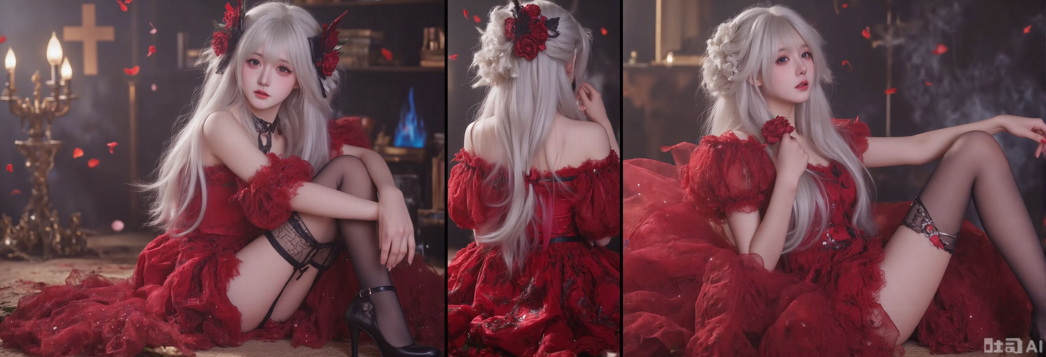 wearing a mouth mask,1girl, long hair, dress, red footwear, red eyes, thighhighs, very long hair, rose, flower, black flower, black thighhighs, red dress, sitting, black rose, holding flower, short sleeves, holding, red flower, red bow, red rose, petals, garter straps, cross, high heels, off-shoulder dress, full body, looking at viewer, fire, choker, bow, puffy sleeves, puffy short sleeves, off shoulder, blue fire, black choker, hair flower, lolita fashion, rose petals, bonnet, indoors