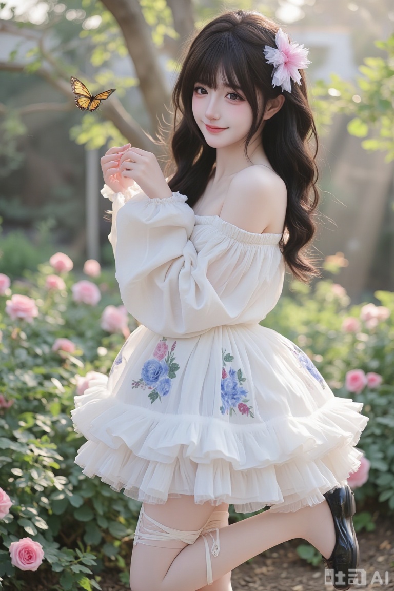 1girl, solo, lolita, long curled black hair with pink bows, hair ornament (crystal butterfly clip), white frilly dress with blue and pink floral patterns, lace-up thighhighs, black mary janes, standing on one leg, holding a parasol, reaching out to a butterfly, soft smile, garden background, blooming roses, sunlight filtering through leaves, 8k, detailed
