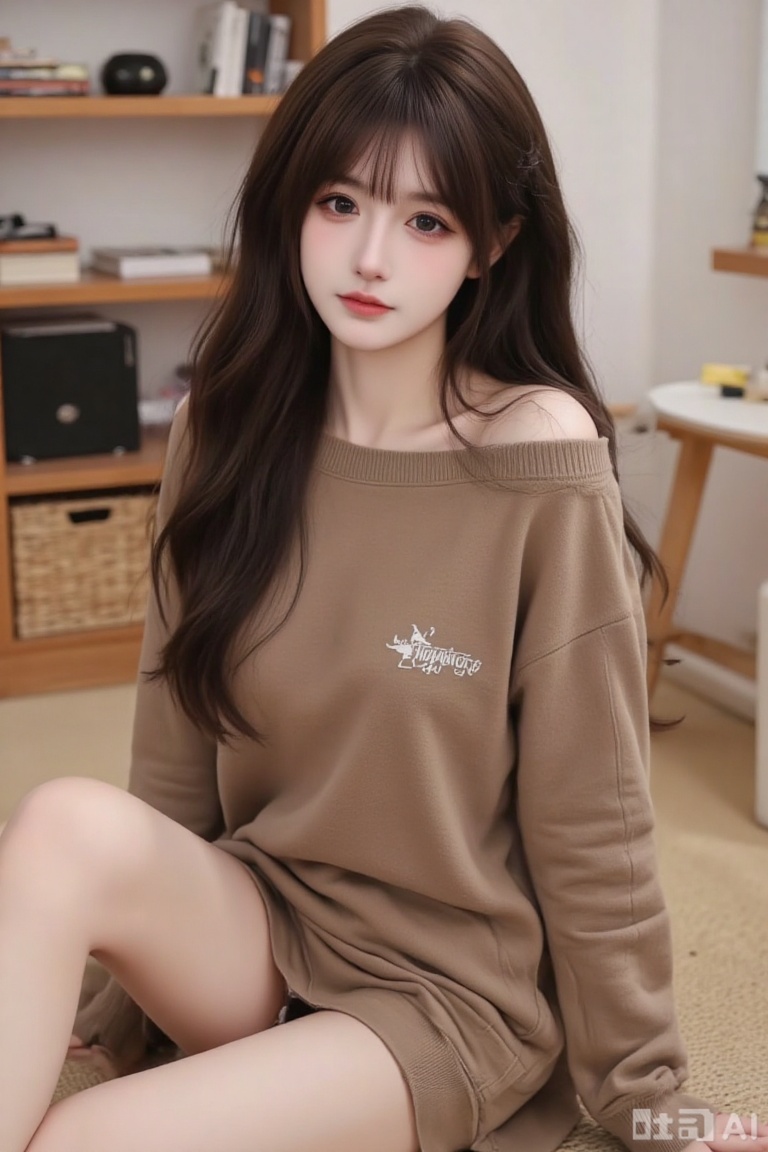 a young woman,sitting,full body,fashion outfits,random stuff,random outfits,random pose