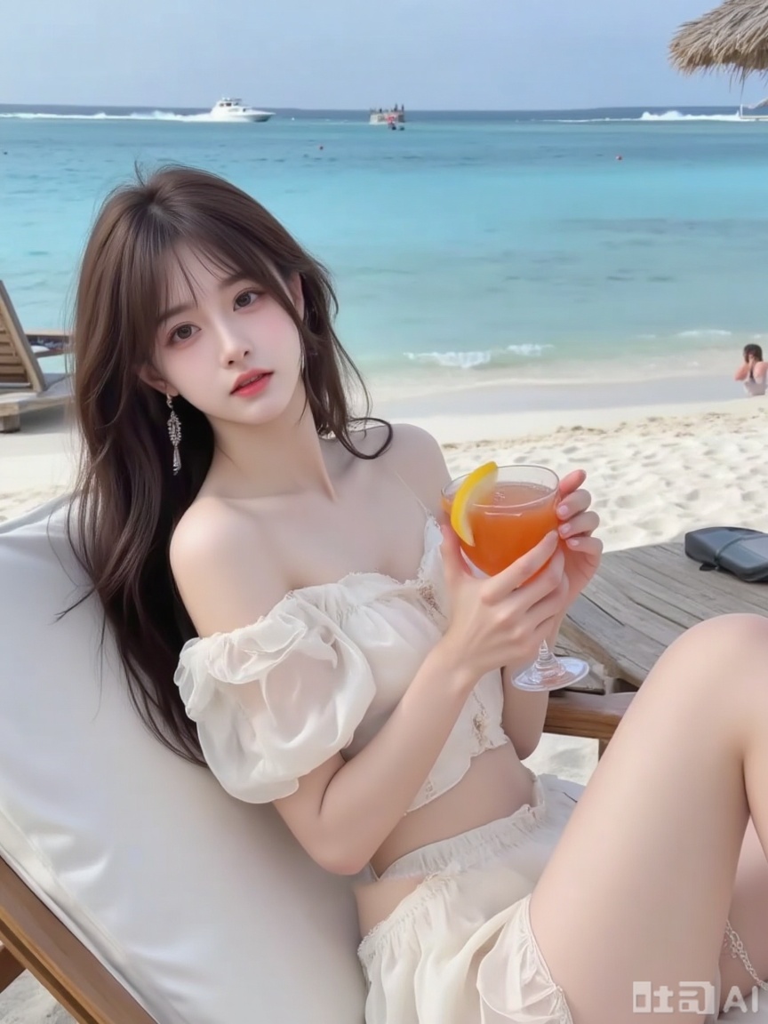 8K, 120 frames per second, ultra clear. A girl is half lying on a beach chair by the sea. She was holding a cocktail glass in her hand. Her legs are straight, thin, and long. She was wearing a sexy chiffon crop top outfit, a super short puffy skirt, and high heels with skin tone. Earrings and ankle chains, her skin is fair and delicate, with a white luster. She has a slim waist and full breasts. (Chest circumference: 1.9), (Long legs: 1.9) Her long hair is brown, outlining her face. Beautiful hair, long and straight hair, beautiful hair, rose colored lips. Full body, sideways, looking at the camera with aggrieved eyes, shooting at a high angle. Background: Maldives' beaches, parasols, grass huts, crowds of people playing on the beach, speedboats and gliders on the distant sea surface. A real photo, a drop of water, the most outstanding girl, a masterpiece, a beautiful woman,