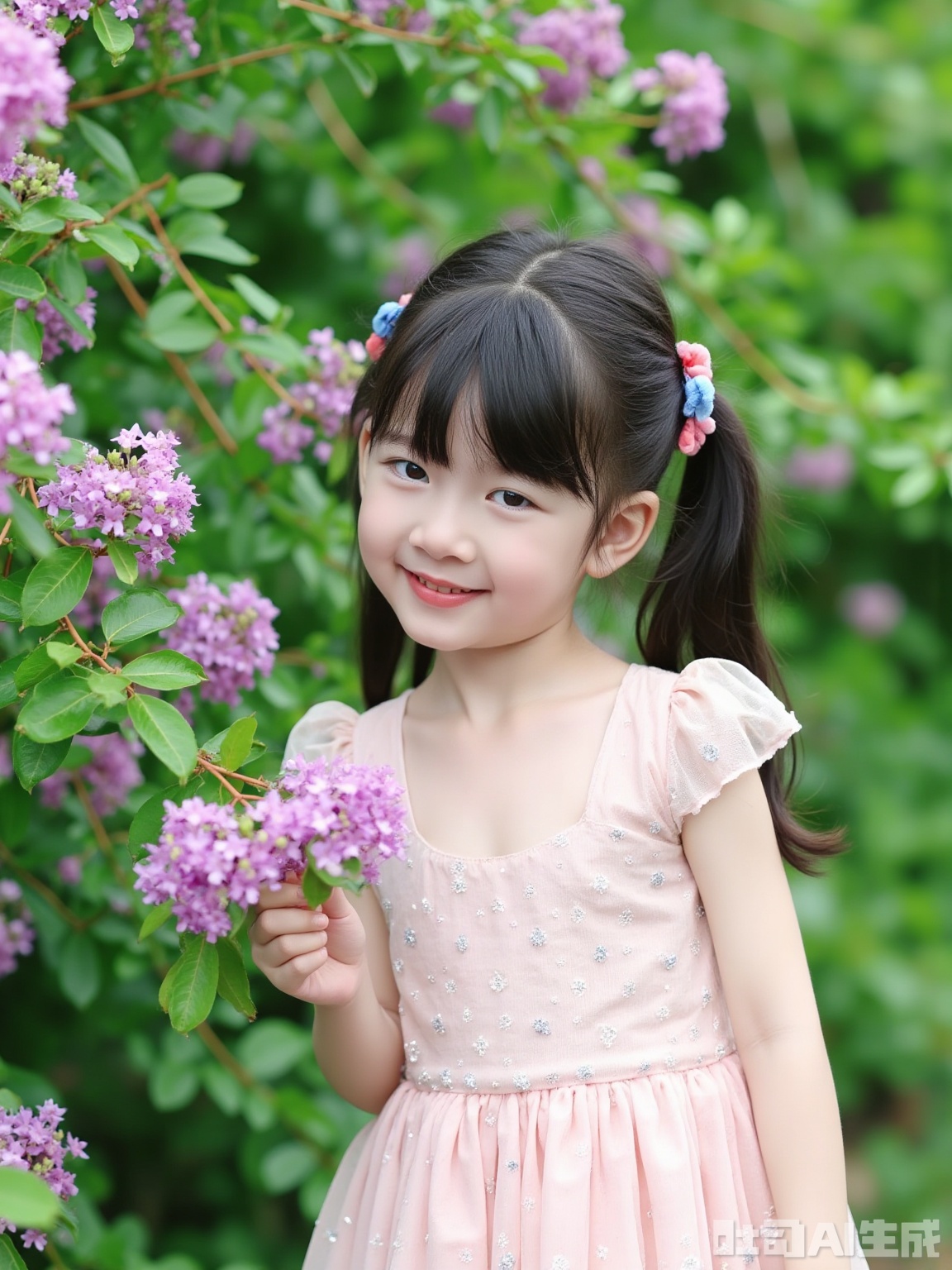 Scene: The garden is full of green in summer, with pink and purple crape myrtle flowers clustered with flowers all over the branches, the fine flowers are like dreamy rain, the green leaves are densely shady, the background is hazy natural green, creating a fresh and sweet atmosphere.
Character: A little girl with a playful single ponytail, her hair is black and smooth, and her hair is covered with cute blue and pink hair accessories. Wearing a light pink mesh puff sleeve dress, the light gauze and exquisite sequins embellish, it shows her innocence. She leaned slightly beside the crape myrtle branch, with a sweet smile on the corner of her mouth, her eyes clear and bright, conveying the innocent childlike fun.
Atmosphere: The beauty of childhood is perfectly integrated with the romance of crape myrtle, full of natural freshness and innocence.
Parameters: 8K resolution, f/2.8 aperture, shutter speed 1/200s, ISO 125, using an 85mm lens, side light captures the soft light and shadow of the characters and flowers, adding 15% warm pink tone to enhance the sweet atmosphere, adding 10% soft focus effect to highlight the hazy texture, retaining the delicate details of the crape myrtle and the characters.