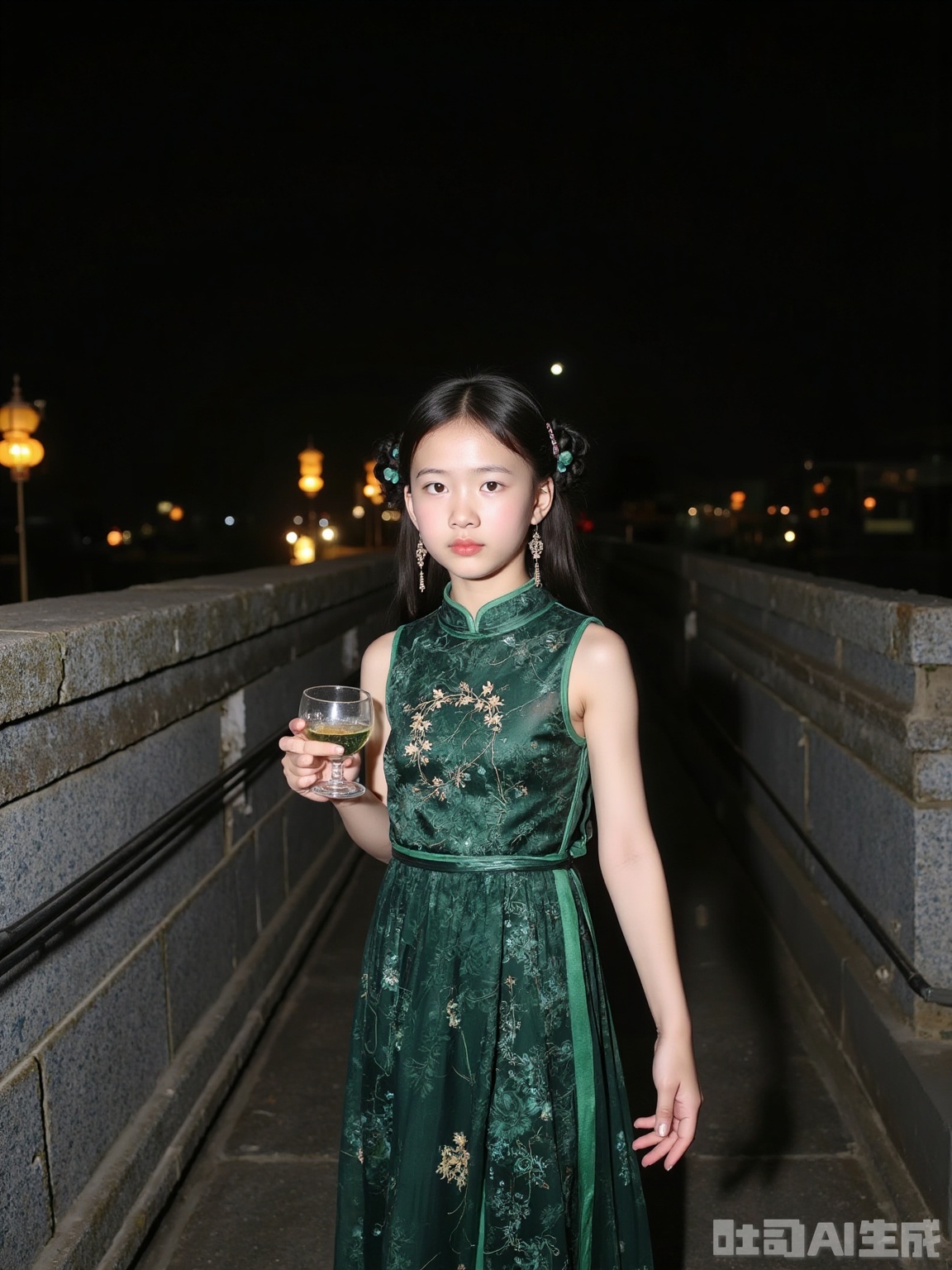 **People**: Chinese beauty wore dark green lace low-cut cheongsam evening dress (high slit, embroidered with gold thread peony on the neck), her hair was combed into a low-plate (insert jade step shaking), her ears wore Hetian jade earrings, and her hand held a glass cup
**Scene**: Beijing Hutong rooftop, background with gray tiles and yellowed lanterns, and in the distance there are silhouettes of the Forbidden City corner tower. The light is the moonlight of the summer night Hutong (with Polaroid 4200K cold green color cast)
**Polaroid Features**: The picture is cold green and color-sized, the particles are as delicate as white-edged photo paper, the moonlight casts a soft and focused shadow on the lace, and the darkness is covered with the night gray of alleys
**Tip words**: Chinese beauties, dark green lace low-cut cheongsam evening gift, Beijing hutong rooftop, low-plate hair + jade shaking, summer night moonlight polaroid (4200K cold green + white edge particles + soft focus shadow), creating "oriental sexiness in the hutong"