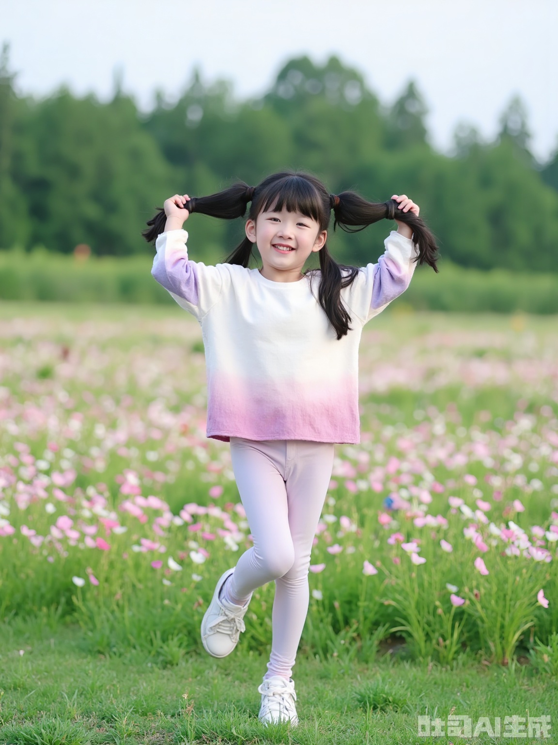 Scene: In the summer evening, the flowers and fields in the suburbs are covered with pink and white flowers, like scattered clouds. The woods in the distance are stained with hazy dark green outlines in the twilight, and the sky is filled with soft tones of light gray and light blue, creating a quiet and vibrant natural atmosphere.
Character: The little girl with two ponytails, her hair is black and smooth, and the ends of her hair are gently raised with the movement. Wearing a loose white top with gradient colors, the hazy pink and purple gradient is like the afterglow of the setting sun, paired with tights in the same color, outlines the lively lines of children. The feet are simple white shoes, and the soles are lightly touching the grass. She grabbed her playful ponytails with both hands, raised her left leg high in a jumping posture, her face filled with a bright smile, and her eyes were bright and lively, conveying her carefree innocence.
Atmosphere: The innocent and romantic childhood atmosphere blends with the poetic twilight of summer, showing natural vitality and child vitality, and the picture is full of healing.
Parameters: 8K resolution, f/2.8 aperture, shutter speed 1/200s, ISO 125, using a 70mm lens, flat viewing angle to capture children's dynamics, adding 15% warm yellow gradient tone to enhance the twilight atmosphere, adding 12% soft light filter to highlight the soft texture, retaining the natural details of the grass and flowers.