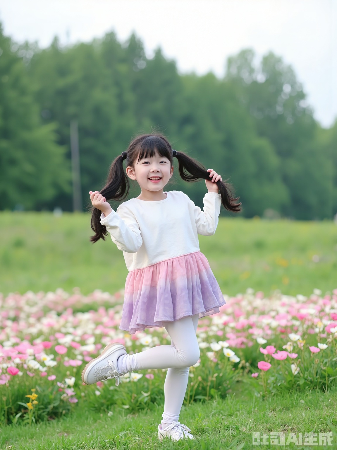 Scene: In the summer evening, the flowers and fields in the suburbs are covered with pink and white flowers, like scattered clouds. The woods in the distance are stained with hazy dark green outlines in the twilight, and the sky is filled with soft tones of light gray and light blue, creating a quiet and vibrant natural atmosphere.
Character: The little girl with two ponytails, her hair is black and smooth, and the ends of her hair are gently raised with the movement. Wearing a loose white top with gradient colors, the hazy pink and purple gradient is like the afterglow of the setting sun, paired with tights in the same color, outlines the lively lines of children. The feet are simple white shoes, and the soles are lightly touching the grass. She grabbed her playful ponytails with both hands, raised her left leg high in a jumping posture, her face filled with a bright smile, and her eyes were bright and lively, conveying her carefree innocence.
Atmosphere: The innocent and romantic childhood atmosphere blends with the poetic twilight of summer, showing natural vitality and child vitality, and the picture is full of healing.
Parameters: 8K resolution, f/2.8 aperture, shutter speed 1/200s, ISO 125, using a 70mm lens, flat viewing angle to capture children's dynamics, adding 15% warm yellow gradient tone to enhance the twilight atmosphere, adding 12% soft light filter to highlight the soft texture, retaining the natural details of the grass and flowers.