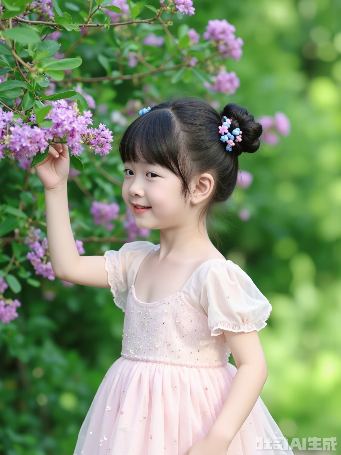 Scene: The garden is full of green in summer, with pink and purple crape myrtle flowers clustered with flowers all over the branches, the fine flowers are like dreamy rain, the green leaves are densely shady, the background is hazy natural green, creating a fresh and sweet atmosphere.
Character: A little girl with a playful single ponytail, her hair is black and smooth, and her hair is covered with cute blue and pink hair accessories. Wearing a light pink mesh puff sleeve dress, the light gauze and exquisite sequins embellish, it shows her innocence. She leaned slightly beside the crape myrtle branch, with a sweet smile on the corner of her mouth, her eyes clear and bright, conveying the innocent childlike fun.
Atmosphere: The beauty of childhood is perfectly integrated with the romance of crape myrtle, full of natural freshness and innocence.
Parameters: 8K resolution, f/2.8 aperture, shutter speed 1/200s, ISO 125, using an 85mm lens, side light captures the soft light and shadow of the characters and flowers, adding 15% warm pink tone to enhance the sweet atmosphere, adding 10% soft focus effect to highlight the hazy texture, retaining the delicate details of the crape myrtle and the characters.