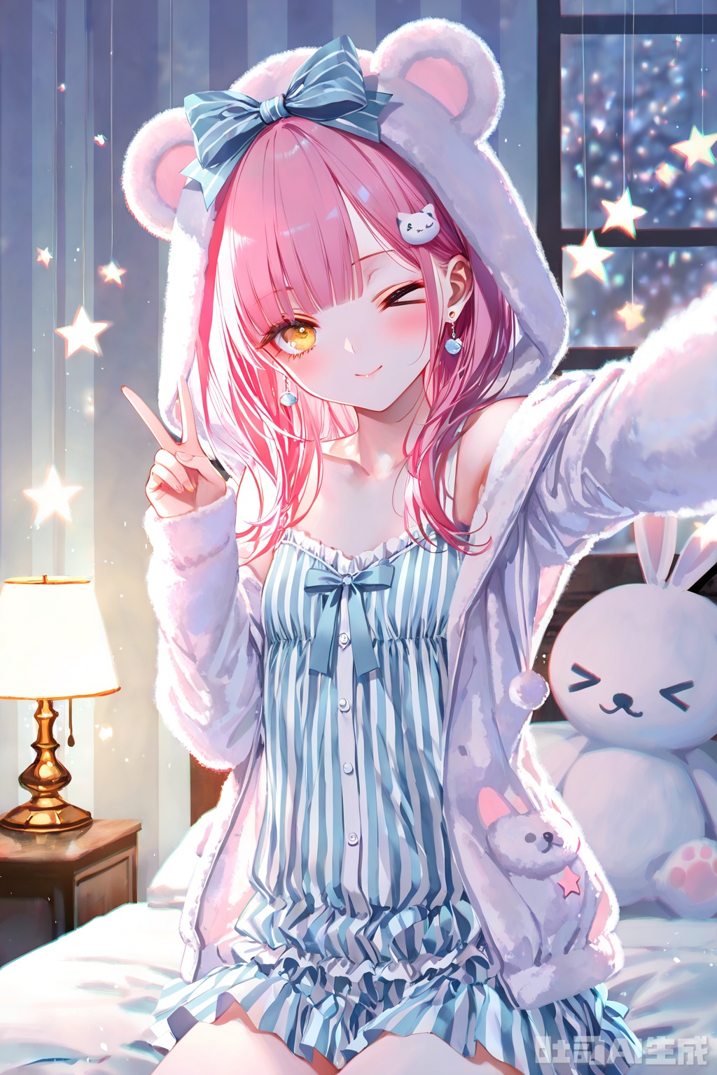 selfie,1girl, long hair, bow, pink hair, hood, striped, indoors, hair bow, window, smile, hairband, see-through,sweet_lolita, bare shoulders, off shoulder, > o,animal pajamas,open clothes,vertical stripes, bangs,yellow eyes, jewelry, earrings, v, star \(symbol\), lamp, looking at viewer, skirt, blunt bangs, animal hood, jacket, blush, hair ornament, polka dot, hoodie, striped skirt,hood up, bed, short hair, closed mouth, long sleeves, striped skirt, pointing,//, artist:tinker_ bell, artist:konya_karasue, artist:ciloranko, artist:chen bin, artist:tianliang_duohe_fangdongye, artist:toosaka_asagi, //masterpiece,best quality,high quality,loli,chromatic aberration,fair_skin,artist: wlop,artist:chen_bin,[[artist:ke-ta]],[[artist: sheya]],artist: hitenkei,good work, (best quality), illustration, depth of field, (color),masterpiece,best quality,