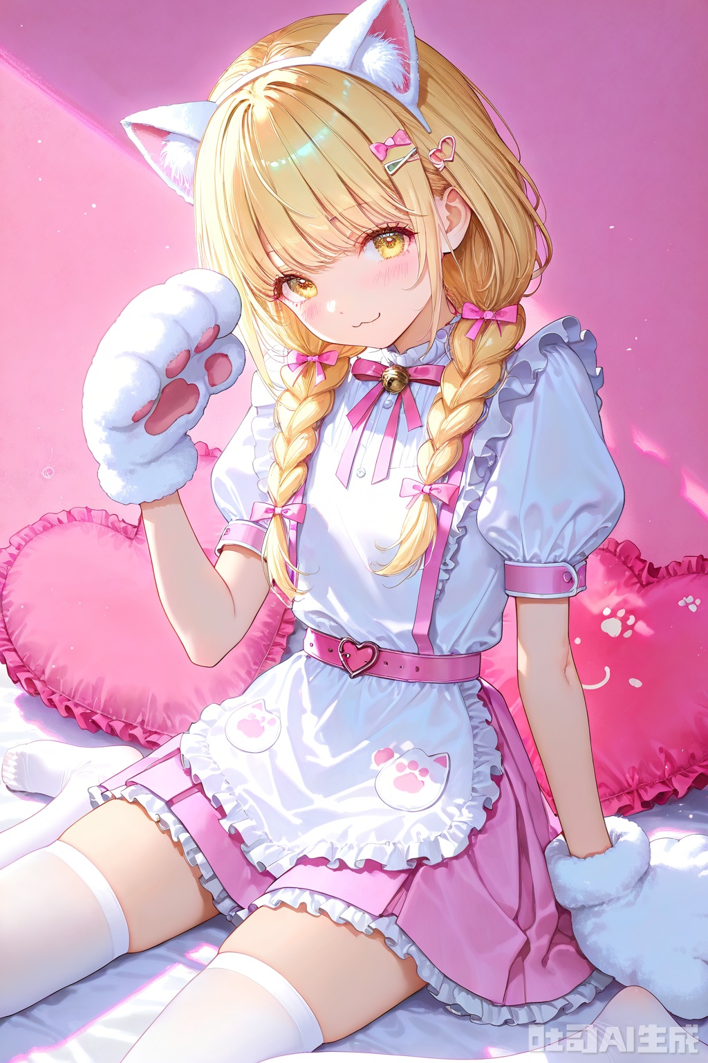 masterpiece,very aware,highres,absurdres,newest,best quality,loli,petite,high quality,chromatic_aberration, //, fujita kotone,1girl, solo, twin_braids, thighhighs, animal_ears, white_thighhighs, blonde_hair, paw_gloves, animal_hands, gloves, hair_ornament, looking_at_viewer, braid, pink_belt, cat_ears, sitting, long_hair, short_sleeves, belt, hairclip, puffy_short_sleeves, puffy_sleeves, heart, virtual_youtuber, yellow_eyes, pink_bow, bow, blush, closed_mouth, dress, white_dress, :3, pink_ribbon, hair_bow, zettai_ryouiki, skindentation, smile, ribbon, fake_animal_ears, white_gloves, twintails, thighs, shirt, heart-shaped_pillow, white_shirt, pink_skirt, cat_paws, frills, skirt, brown_eyes, hair_over_shoulder //, //, photorealistic,Artist:na-ga,(quasarcake:0.2),(wanke:0.9),[Artist:chen bin],Artist:tidsean,[Artist:sk (askzy)],(artist:tokkyu:0.5),(artist:momoko \(momopoco\):0.5),himitsu_(hi_mi_tsu_2),