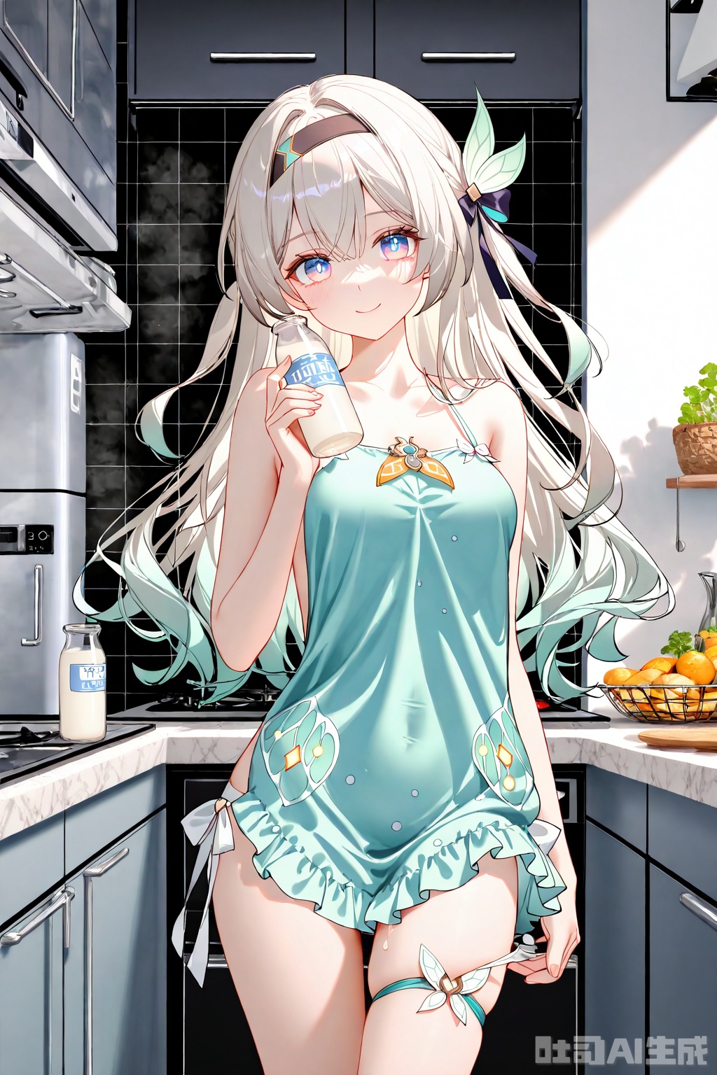 masterpiece, Ultra-high resolution, high quality, extremely detailed CG unity 8k wallpaper, extremely detailed, anime style, cover art, //, (chen bin:0.5),konya666,(hiten \(hitenkei\):0.4),(rimuu:0.5),(mignon:0.5),(sheya:0.6),[iumu], //, extreme aesthetic,(wlop:0.6),masterpiece,best quality,good quality,newest,very aesthetic,absurdres,Visual impact,32K UHD,sharp focus,(mogumo:1.1),(good hands, nice hands:0.5),impactful picture,offcial art,Smile, thighs 1girl, solo,looking at viewer, smile,Light blue home clothes, made of silk material, protruding from the thighs and shoulders, Leakage of thigh,holding a milk bottle in hand, in the kitchen, refrigerator, kitchenware,,firefly \(honkai: star rail\), long hair, black hairband, , grey hair, multicolored eyes,
